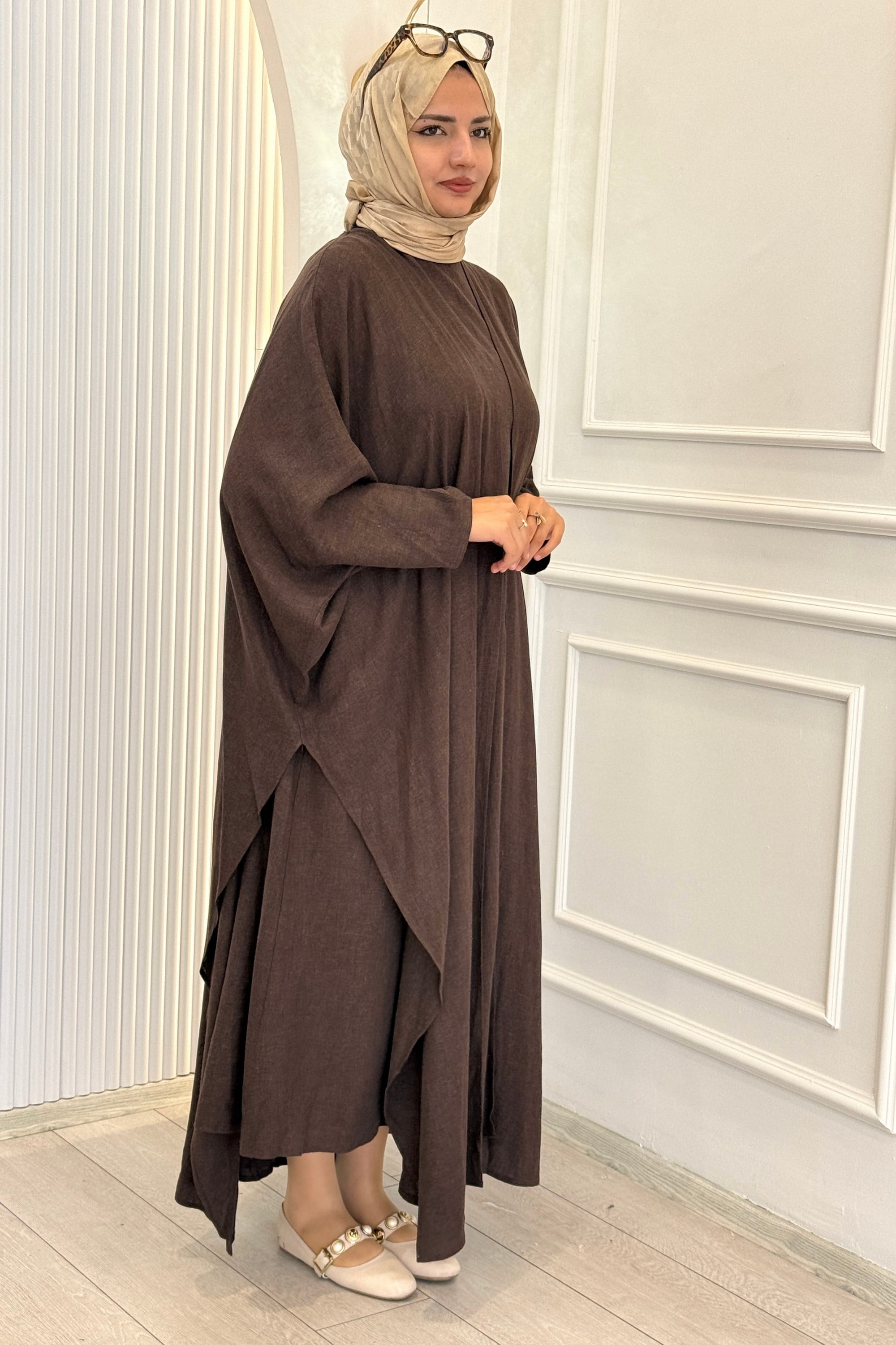 Oversize Tesettür Abaya Takım Kahve OTW9835