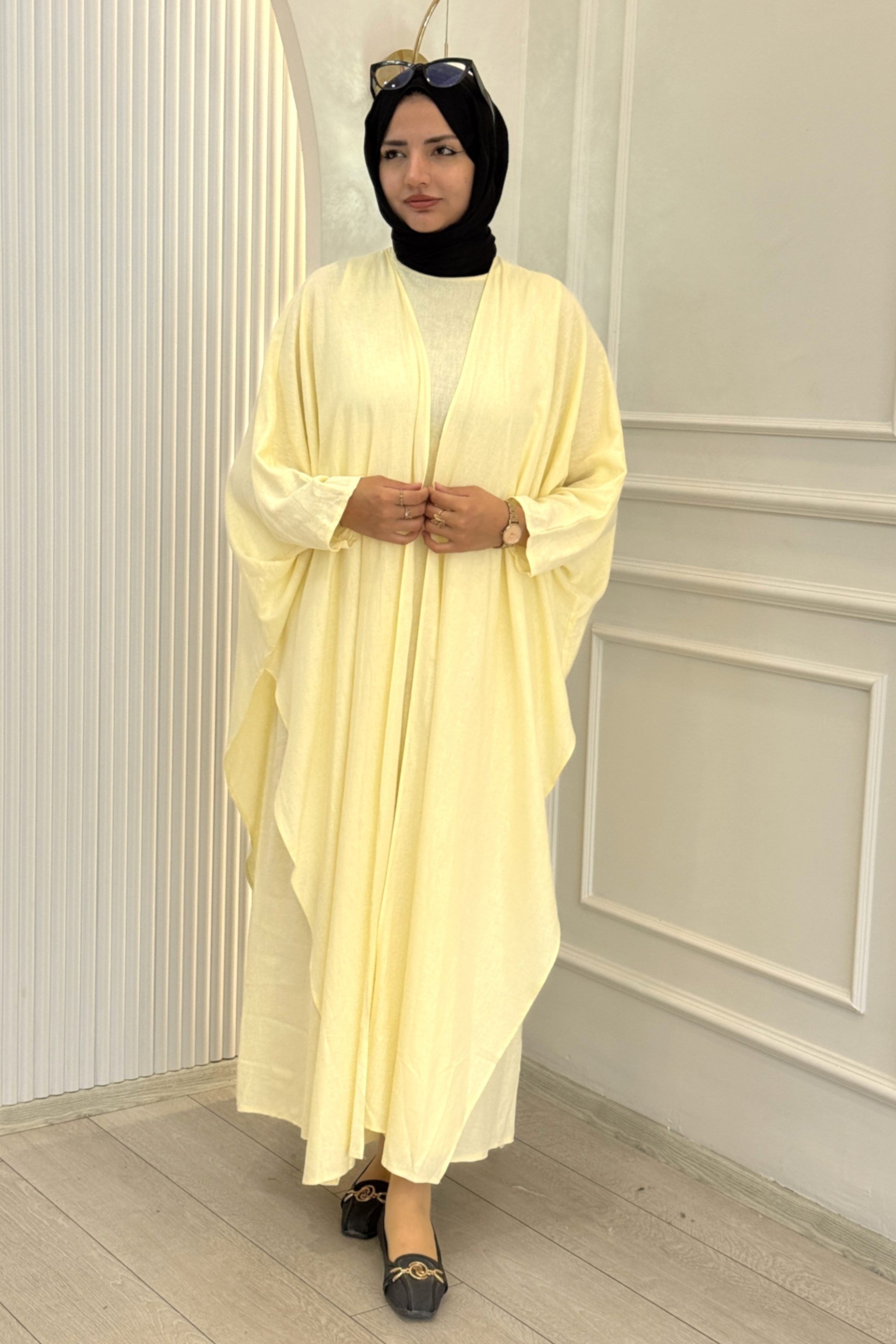 Oversize Tesettür Abaya Takım Sarı OTW9835