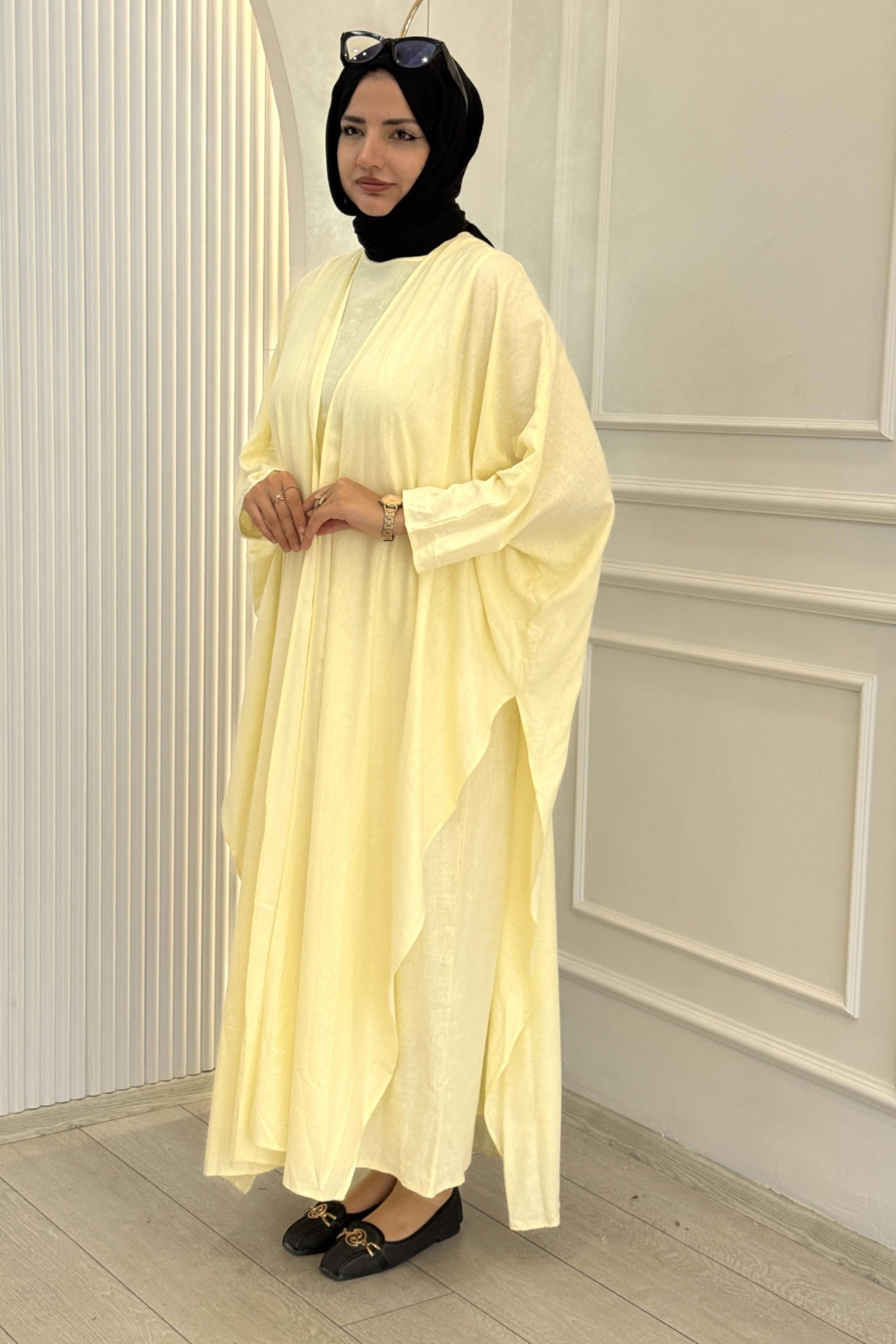 Oversize Tesettür Abaya Takım Sarı OTW9835