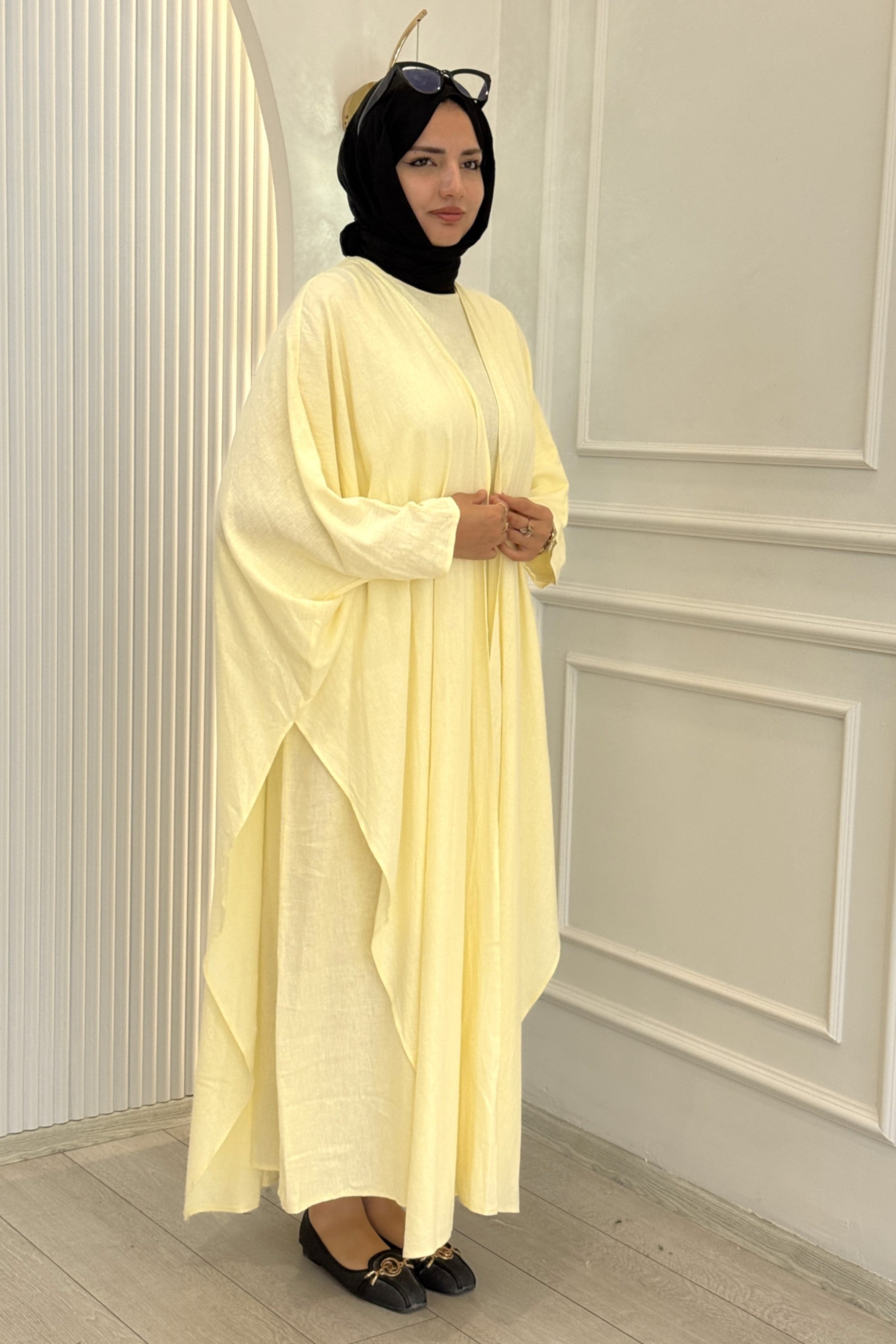 Oversize Tesettür Abaya Takım Sarı OTW9835