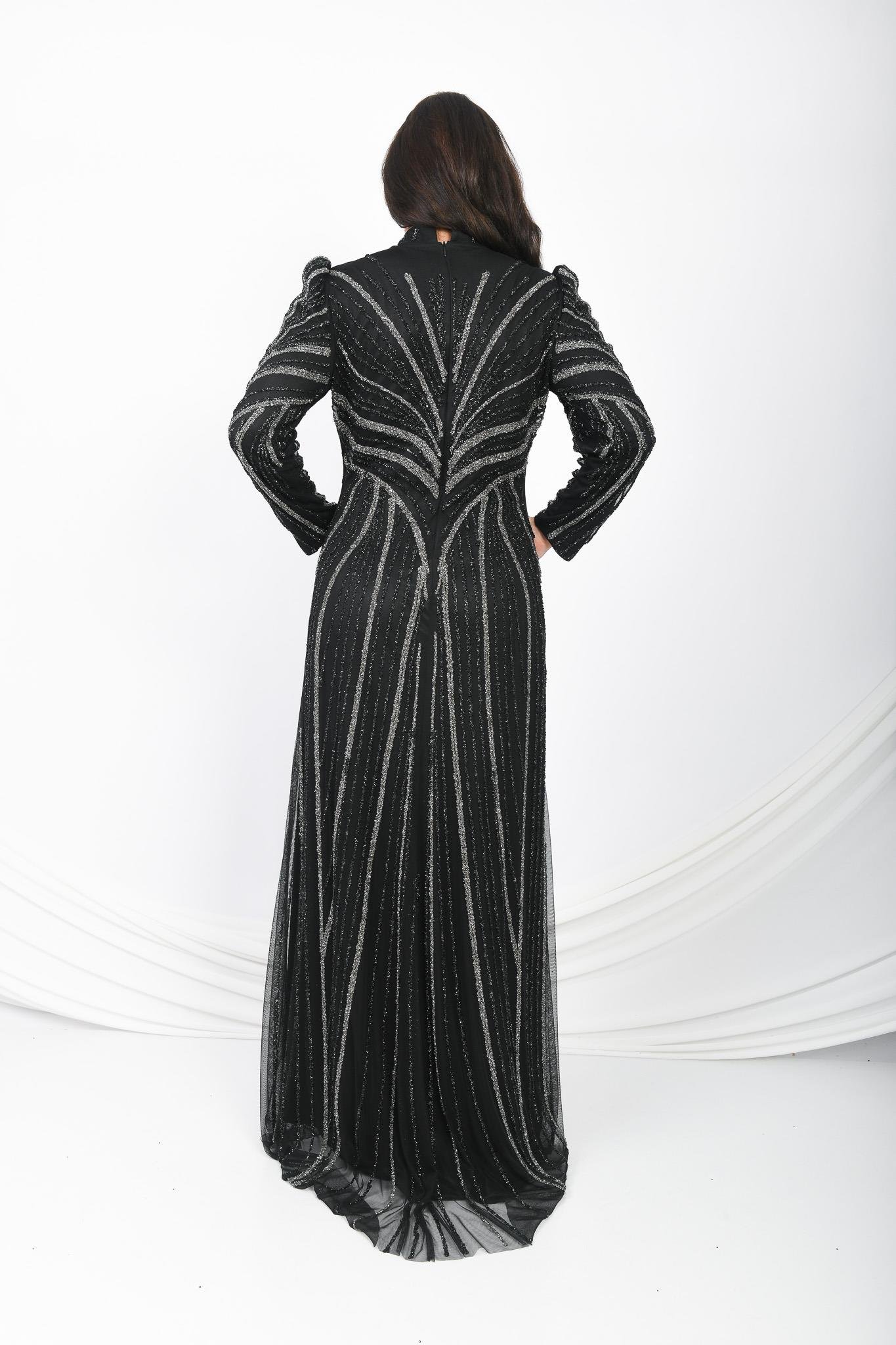 Parıltılı Çizgi Desenli Prenses Omuzlu Abiye Siyah OTW3122