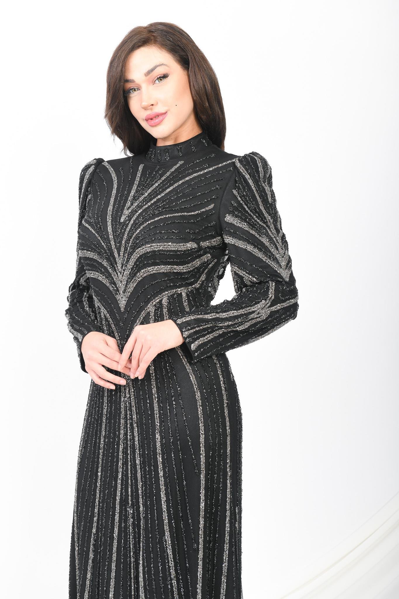 Parıltılı Çizgi Desenli Prenses Omuzlu Abiye Siyah OTW3122