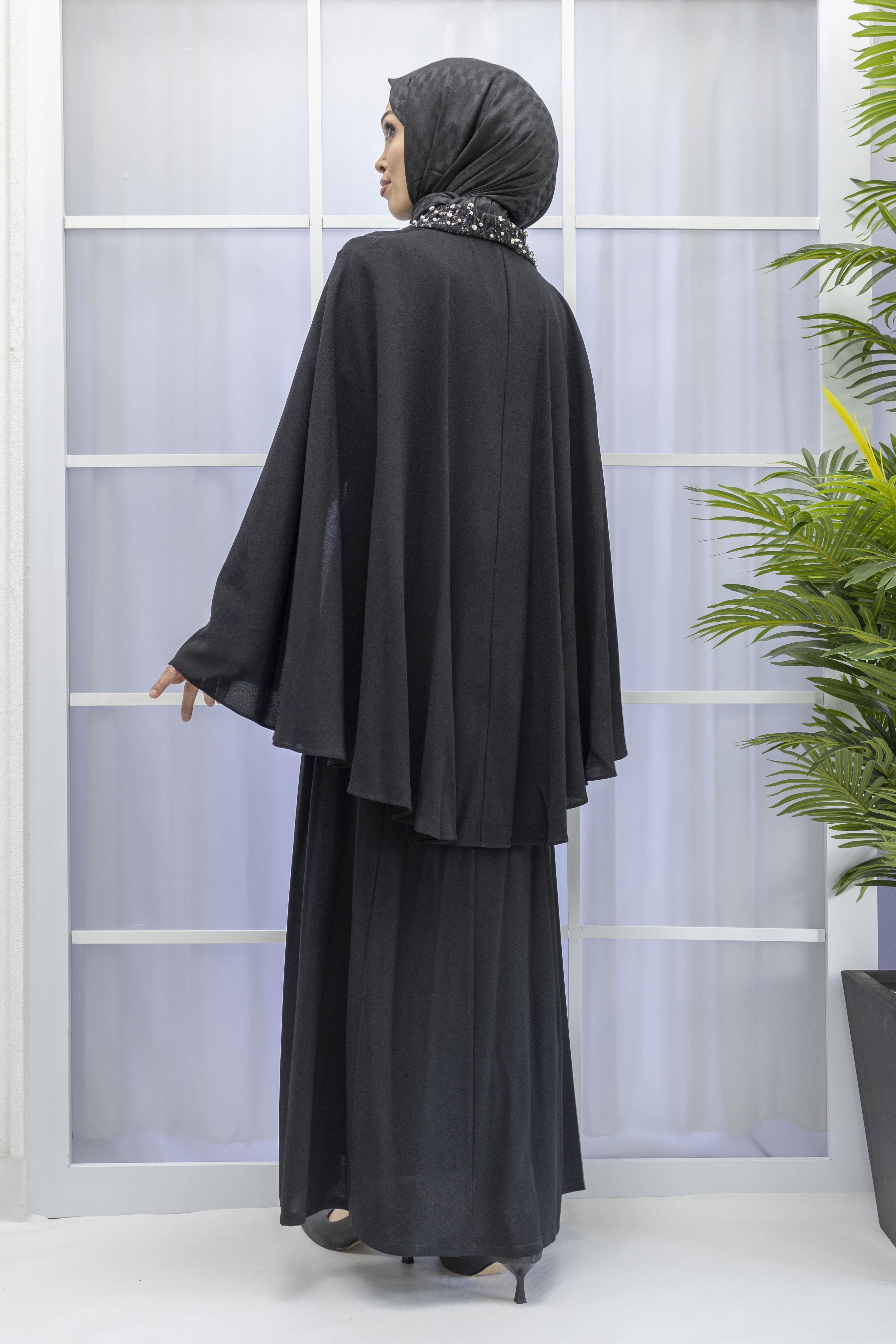 Pelerinli Abiye Elbise Siyah OTW38924