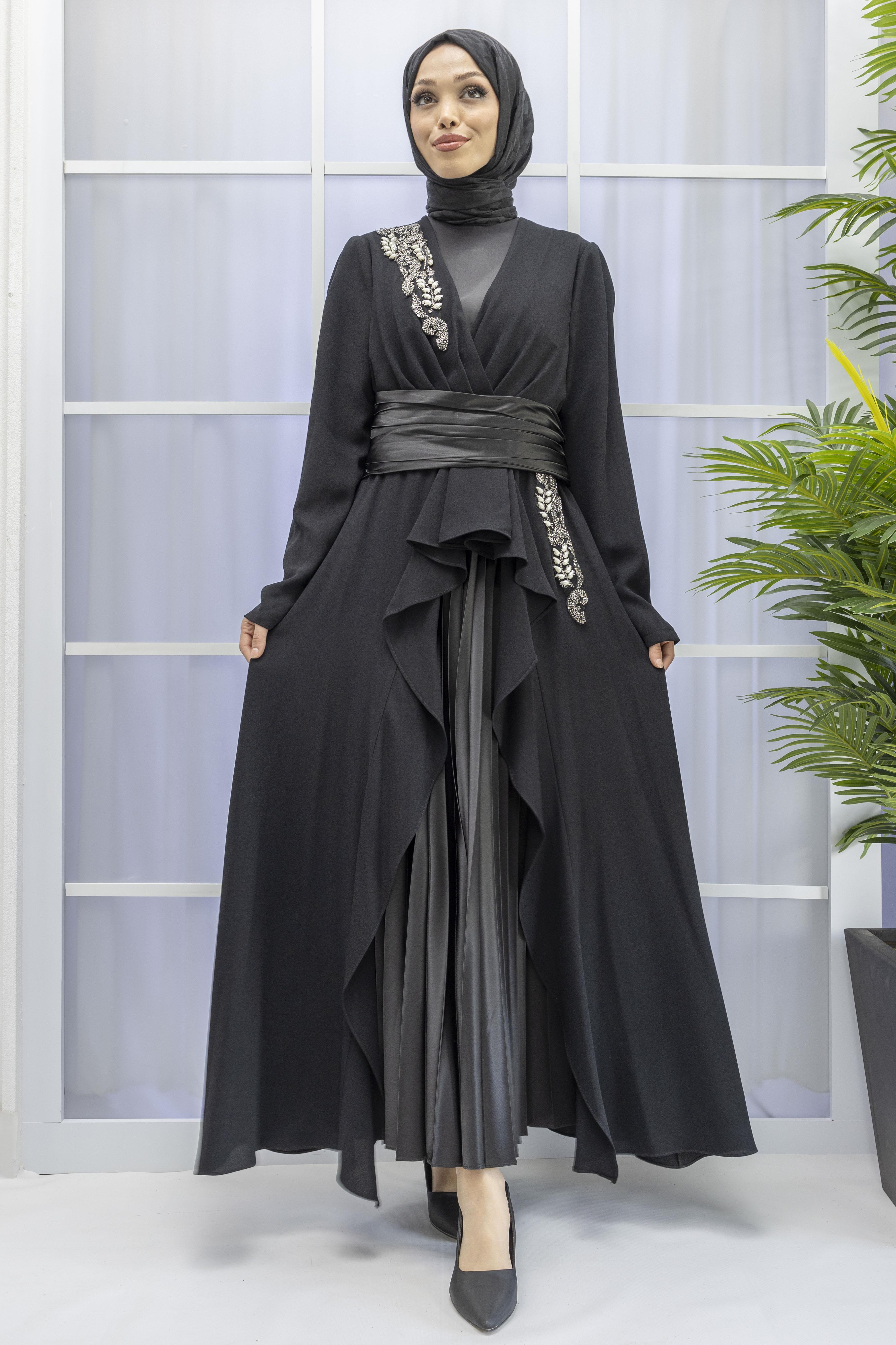 Piliseli Abiye Elbise Siyah OTW38103