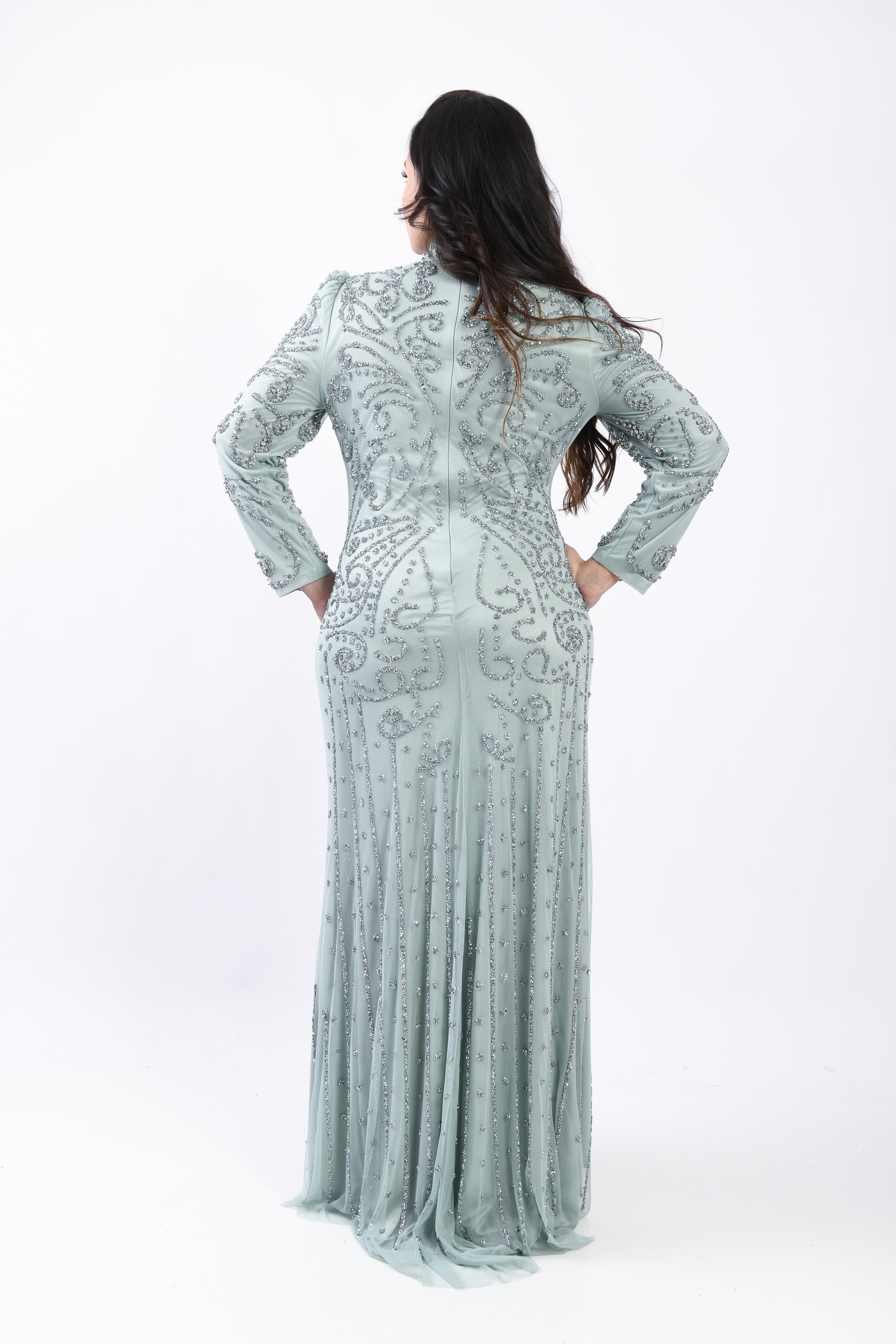 Prenses Omuzlu Taş İşlemeli Abiye Mint OTW3141