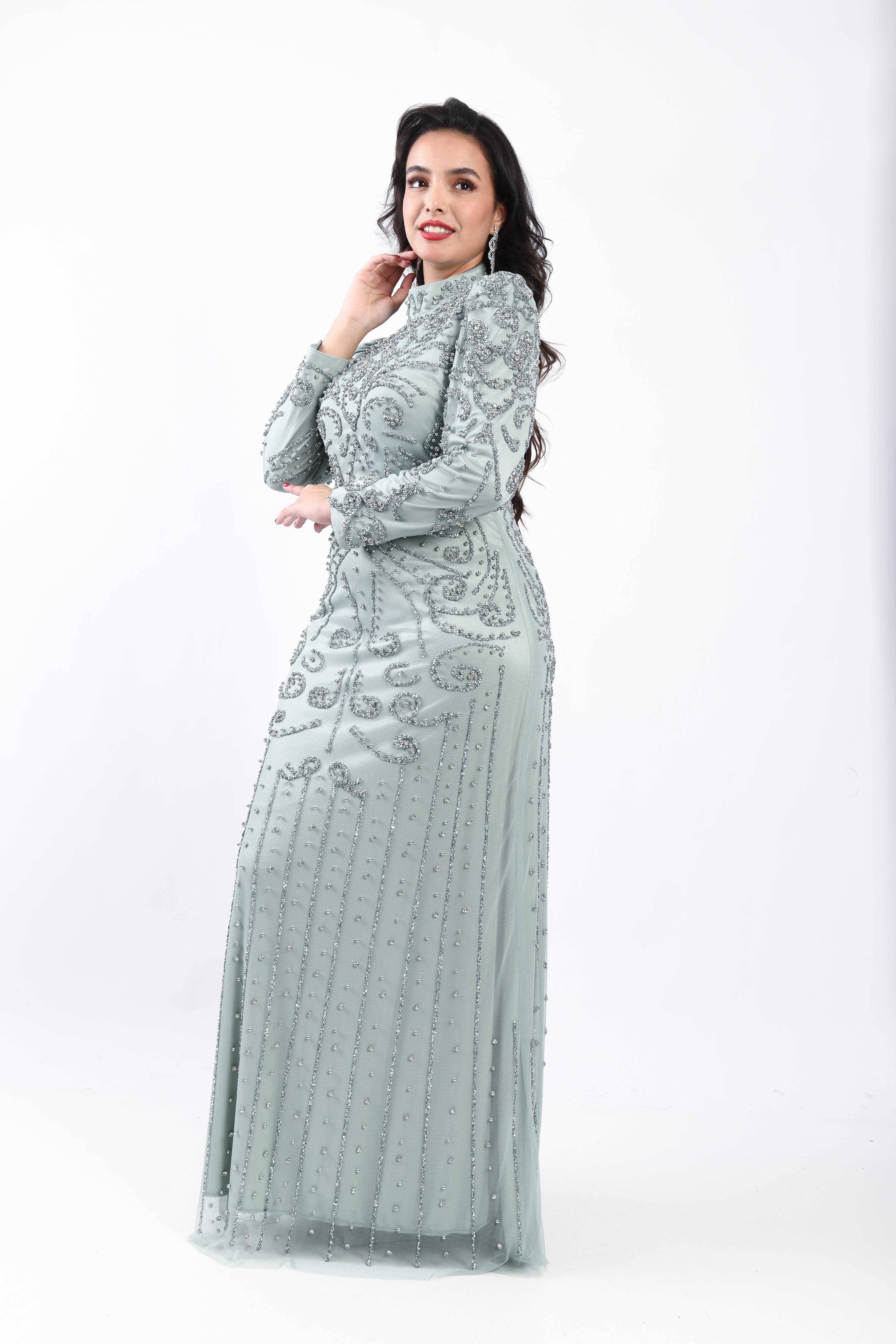 Prenses Omuzlu Taş İşlemeli Abiye Mint OTW3141