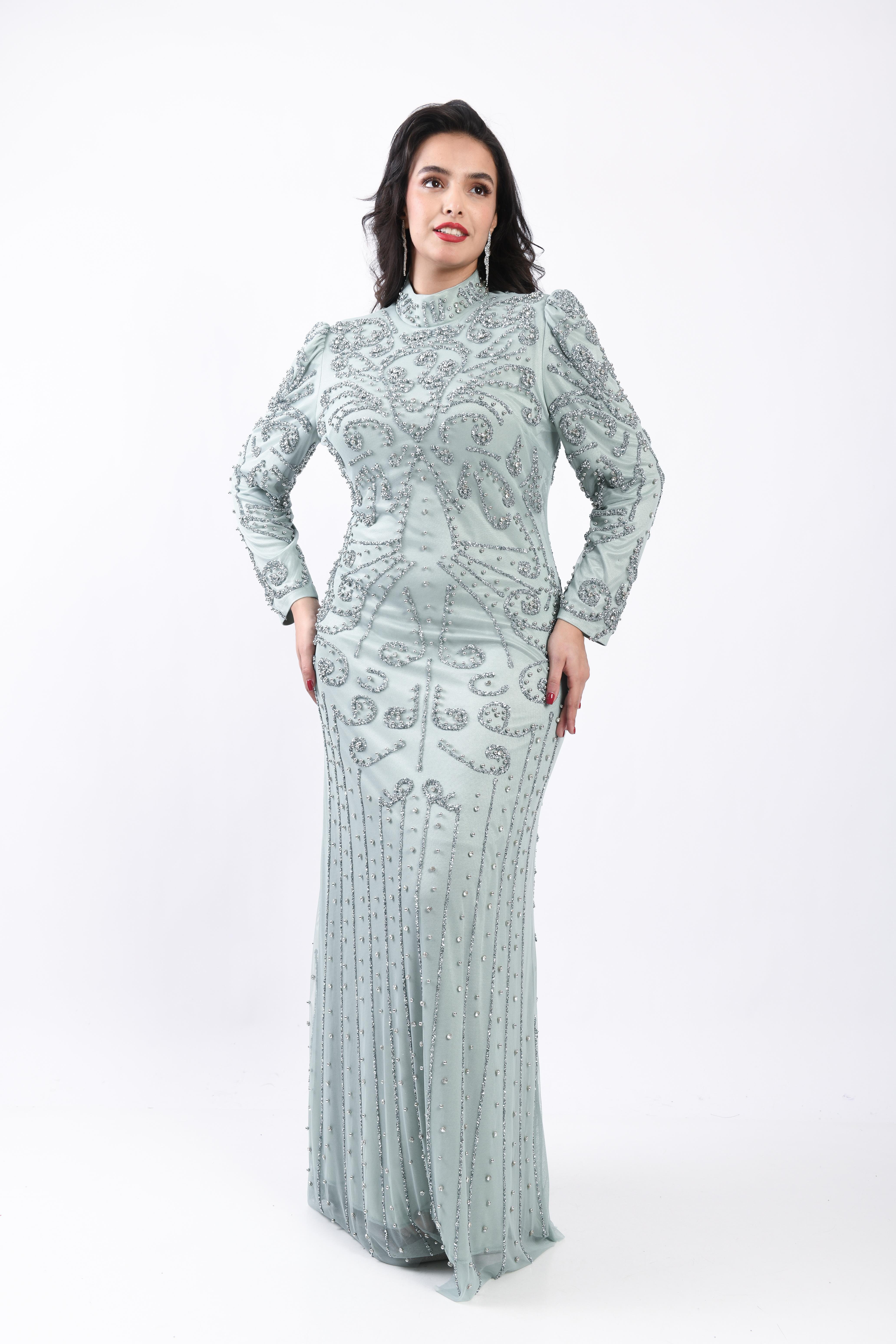 Prenses Omuzlu Taş İşlemeli Abiye Mint OTW3141