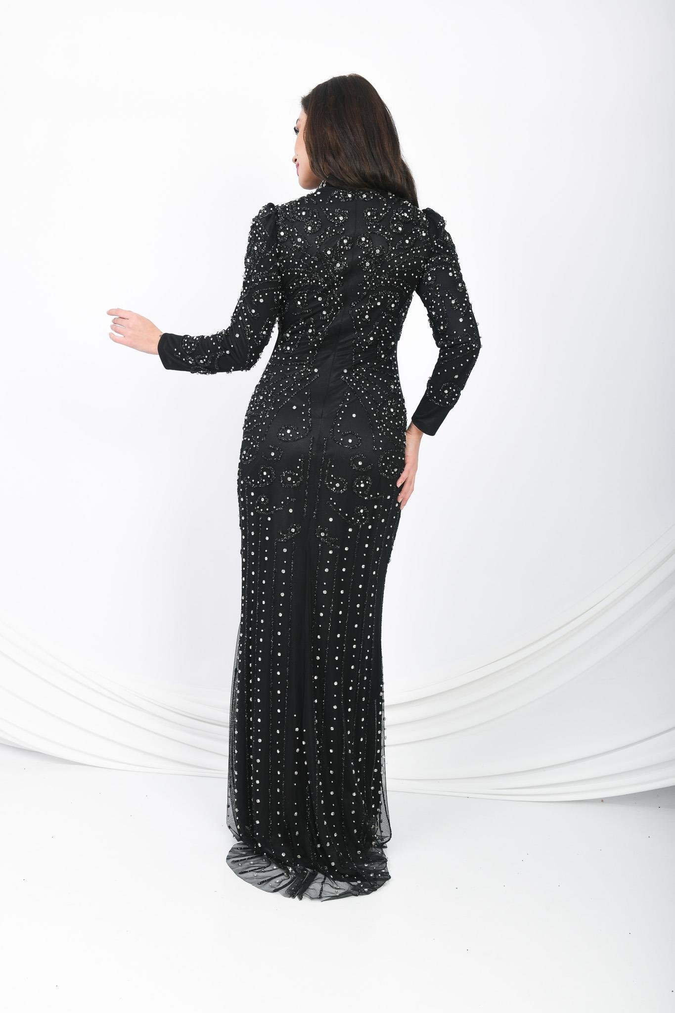 Prenses Omuzlu Taş İşlemeli Abiye Siyah OTW3141