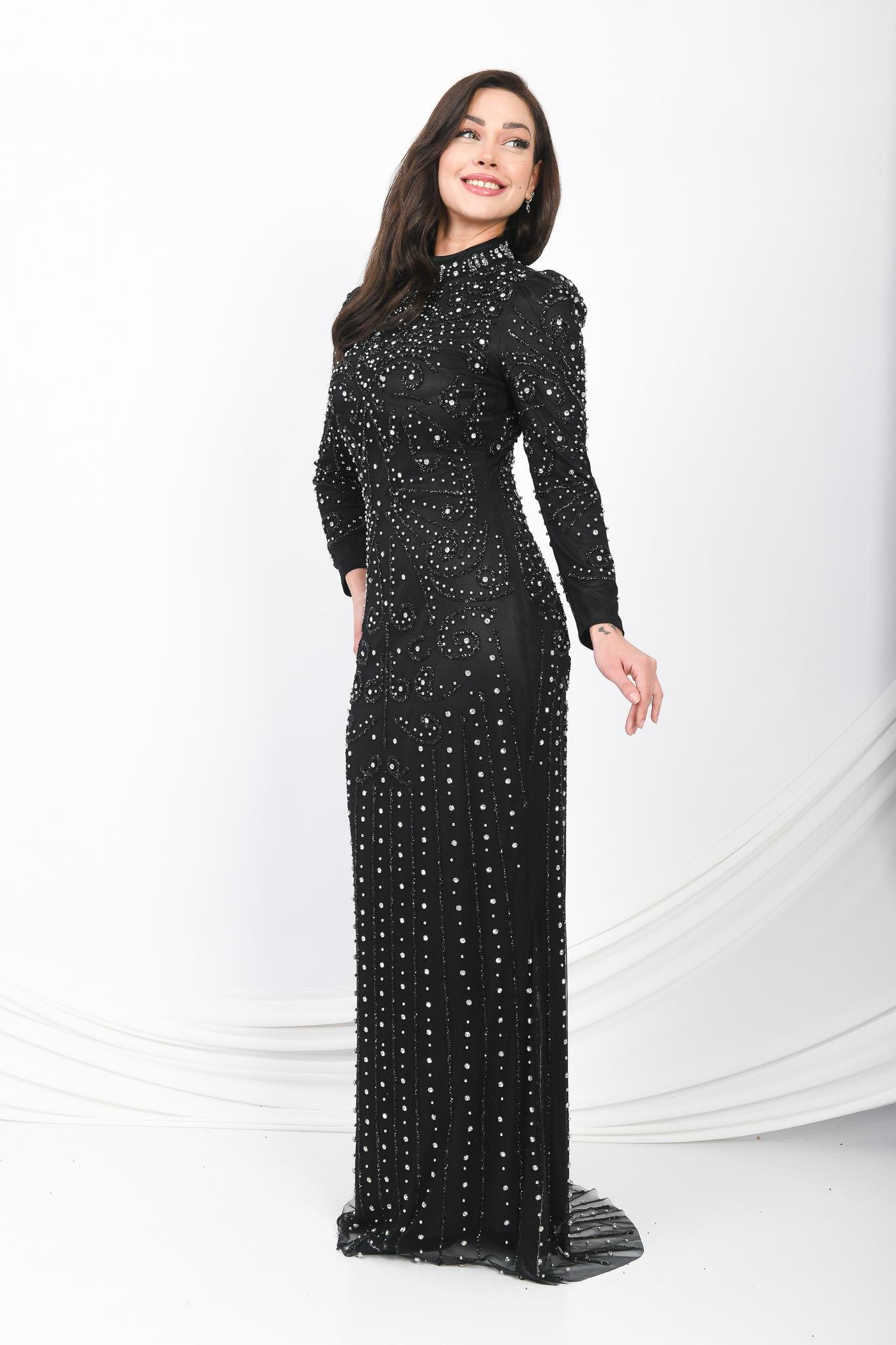 Prenses Omuzlu Taş İşlemeli Abiye Siyah OTW3141