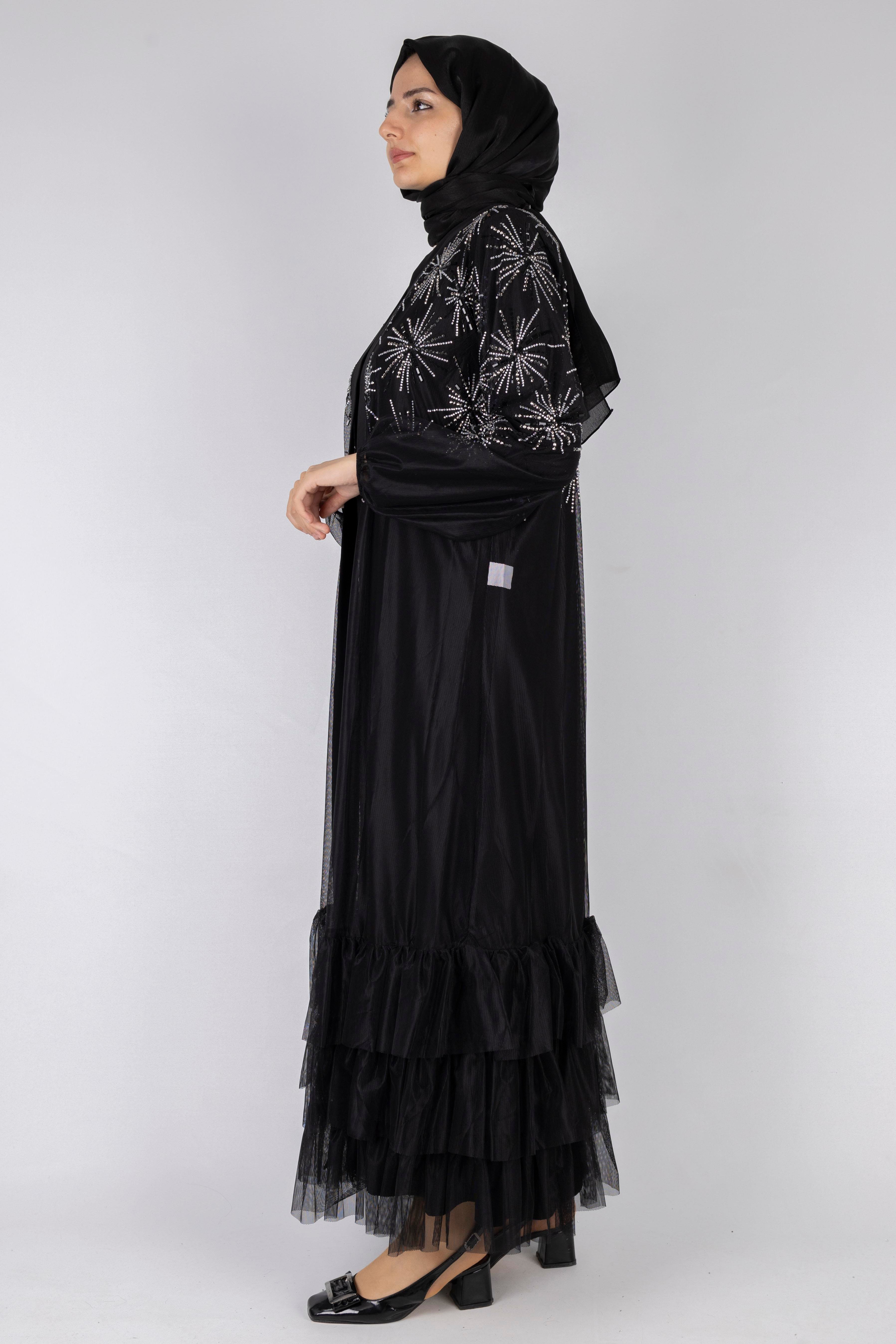 Pul Payet İşlemeli Kat Kat Abaya Siyah OTW6233