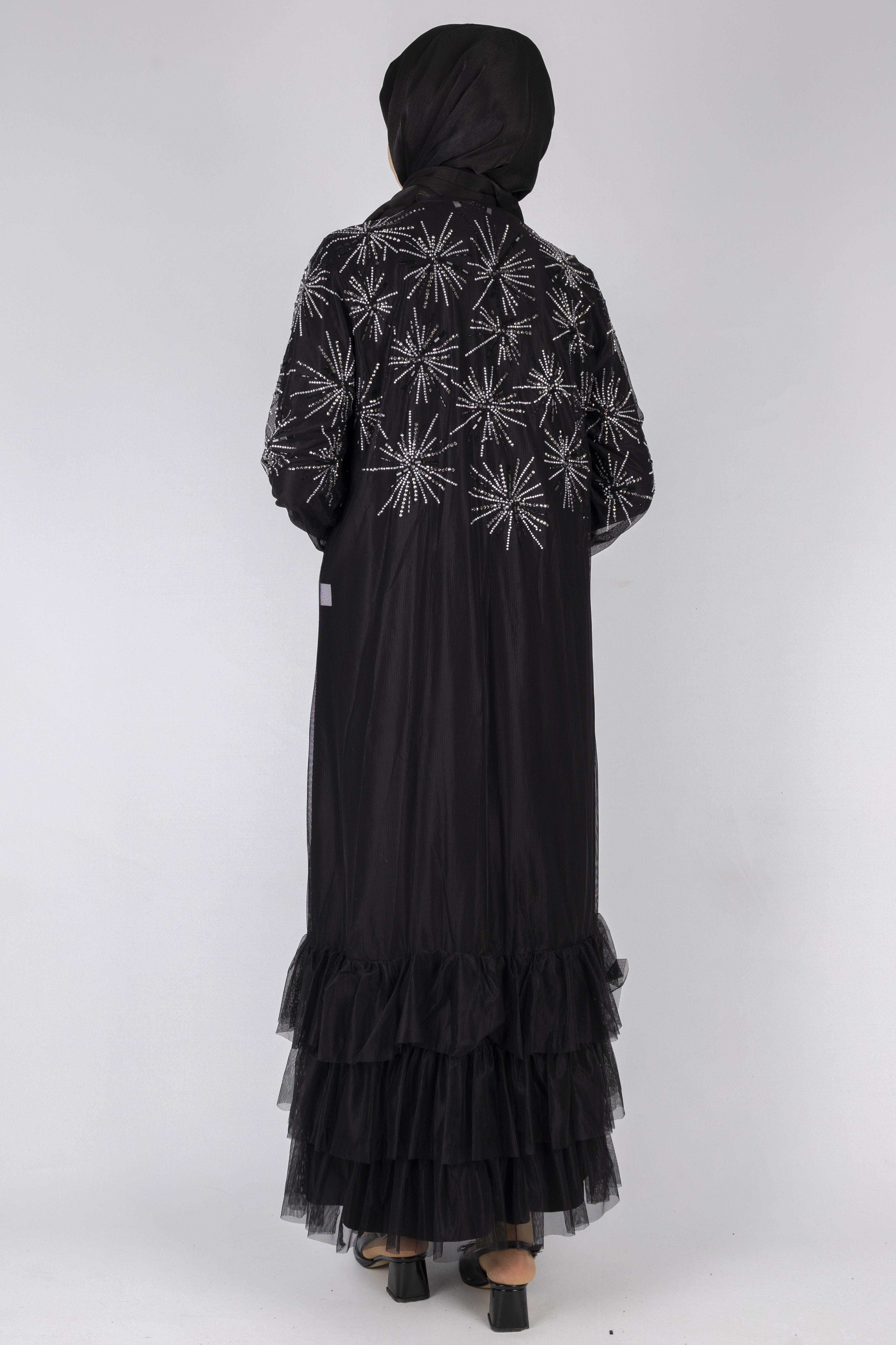 Pul Payet İşlemeli Kat Kat Abaya Siyah OTW6233