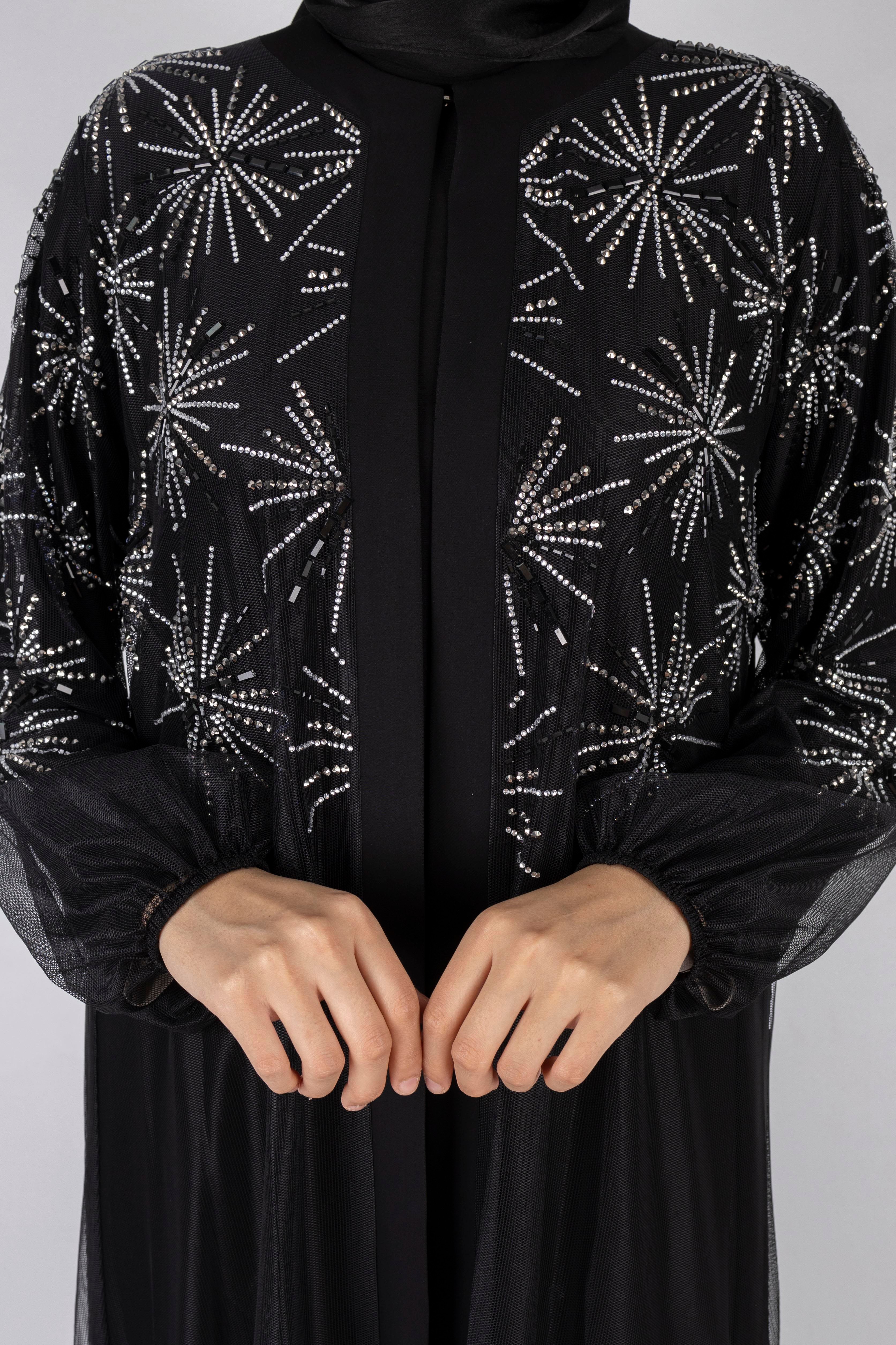 Pul Payet İşlemeli Kat Kat Abaya Siyah OTW6233