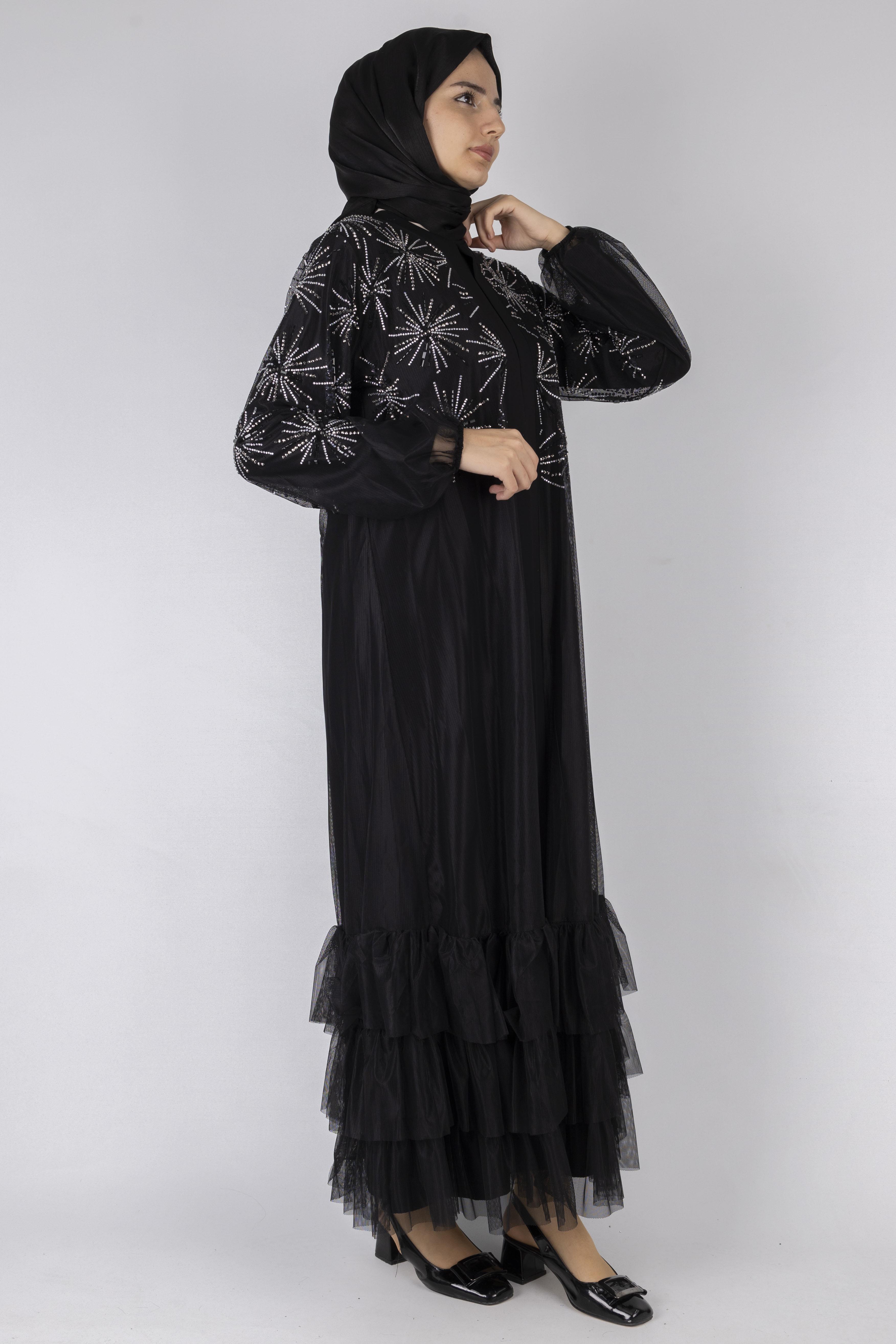 Pul Payet İşlemeli Kat Kat Abaya Siyah OTW6233