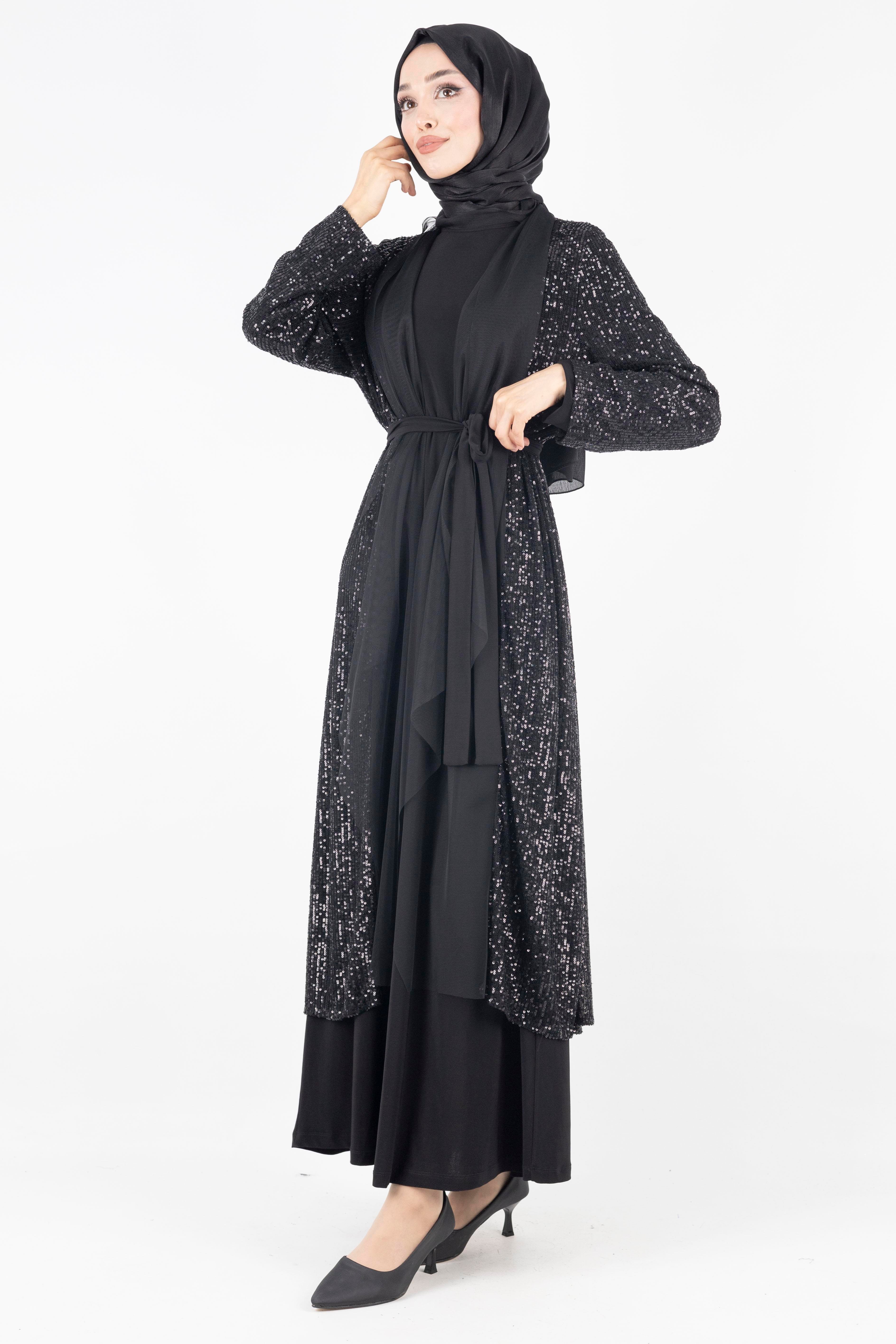 Pullu Abayalı Abiye Takım Siyah OTW812