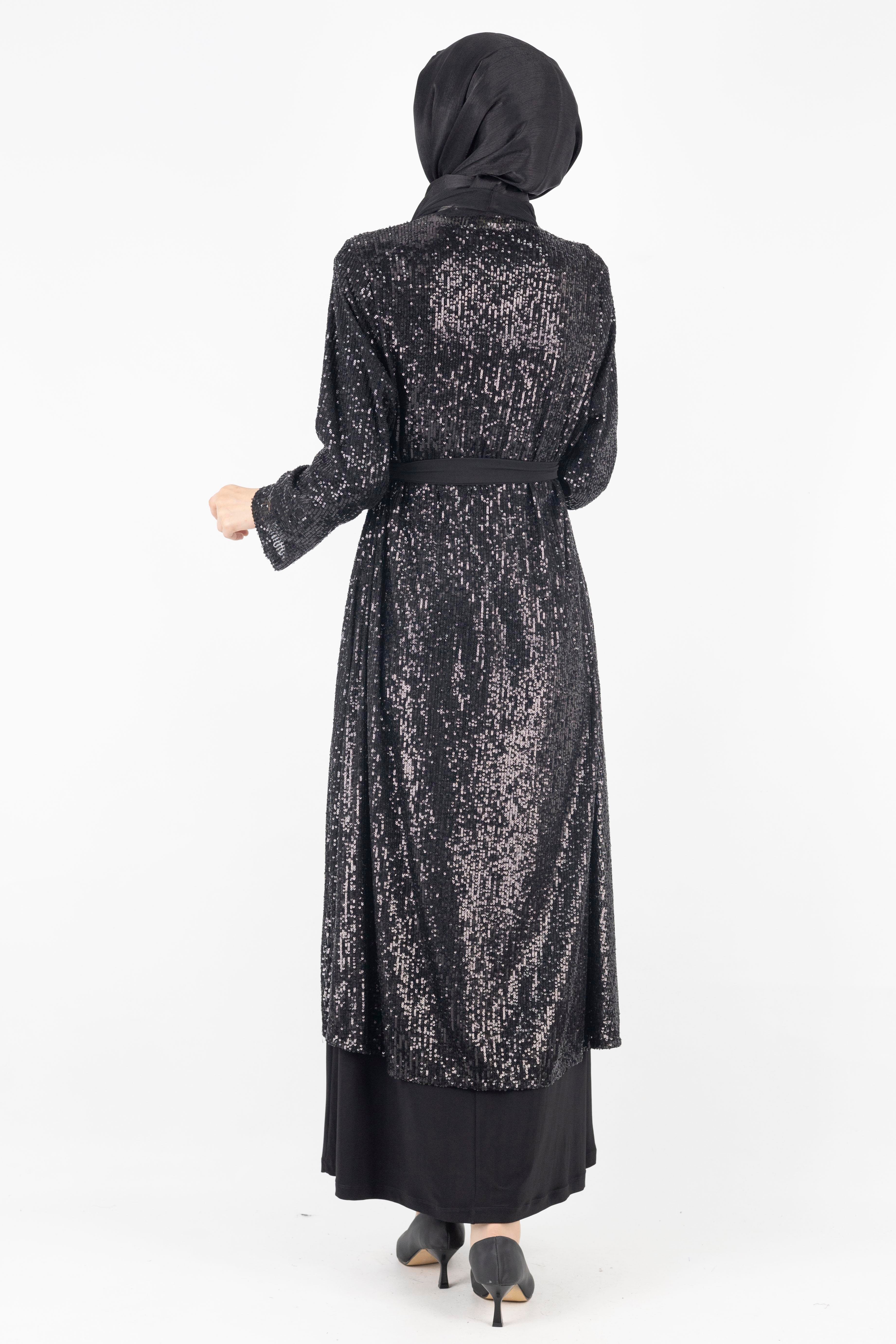 Pullu Abayalı Abiye Takım Siyah OTW812