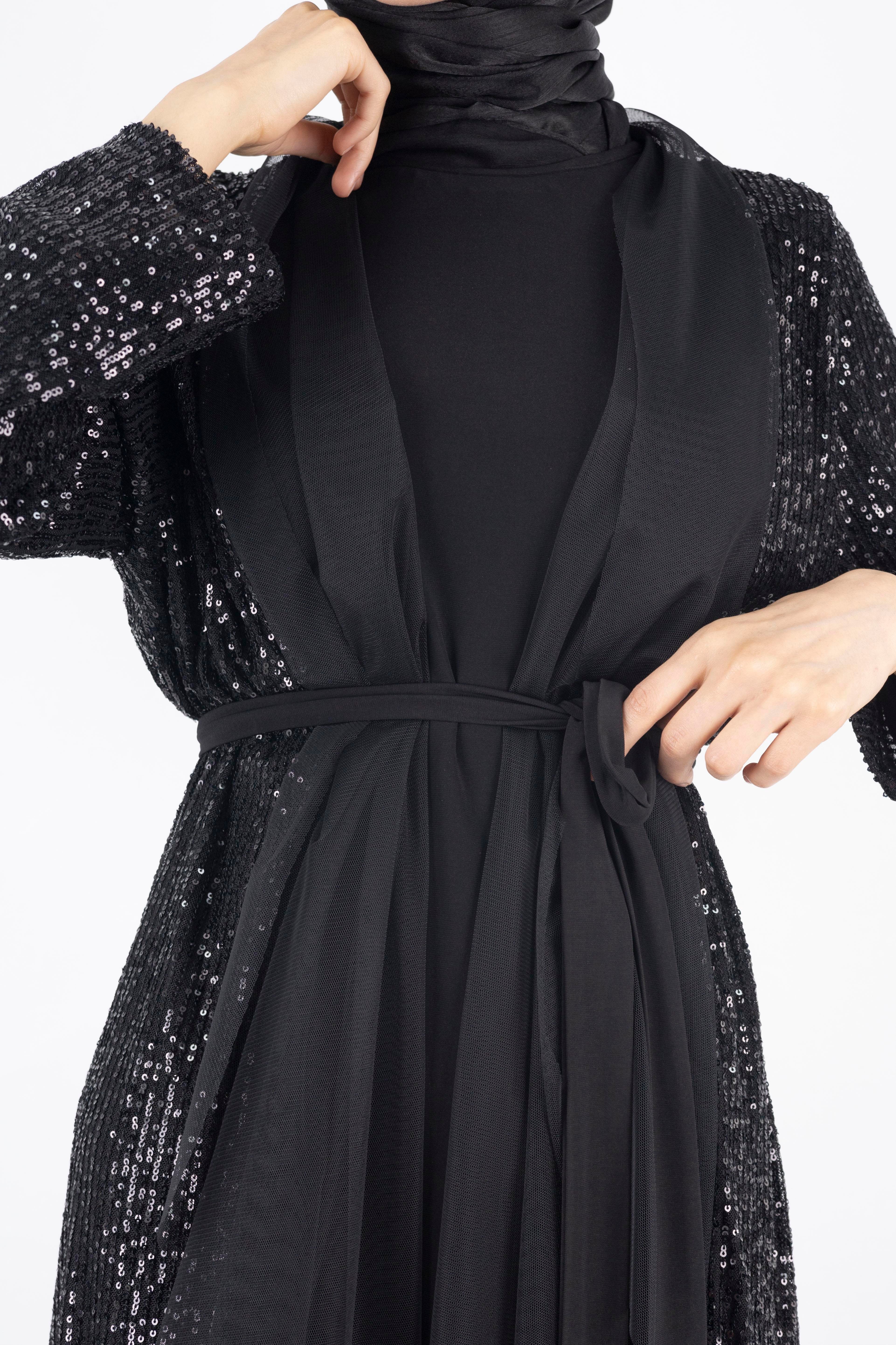 Pullu Abayalı Abiye Takım Siyah OTW812