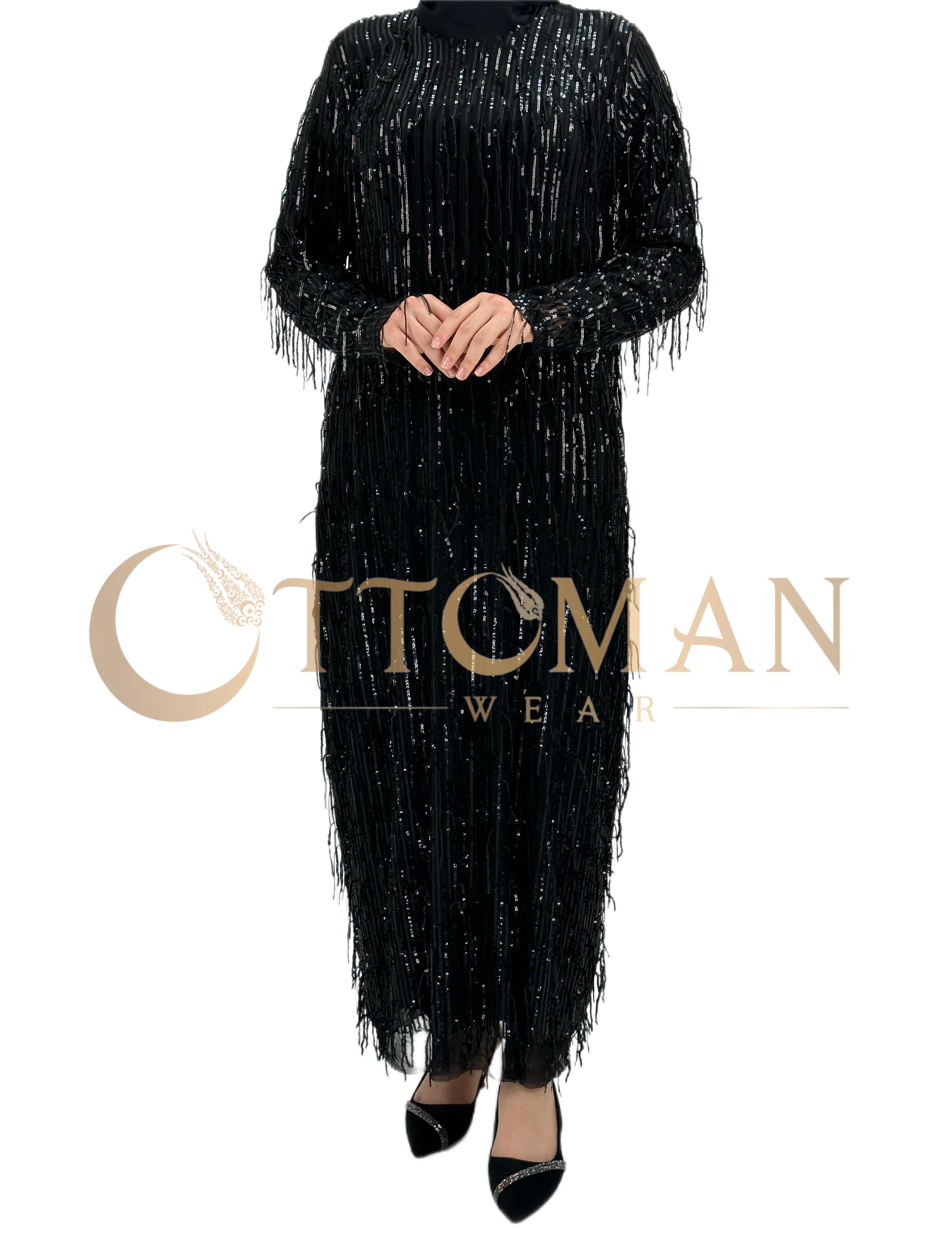 Pullu Abiye Elbise Siyah OTW4475