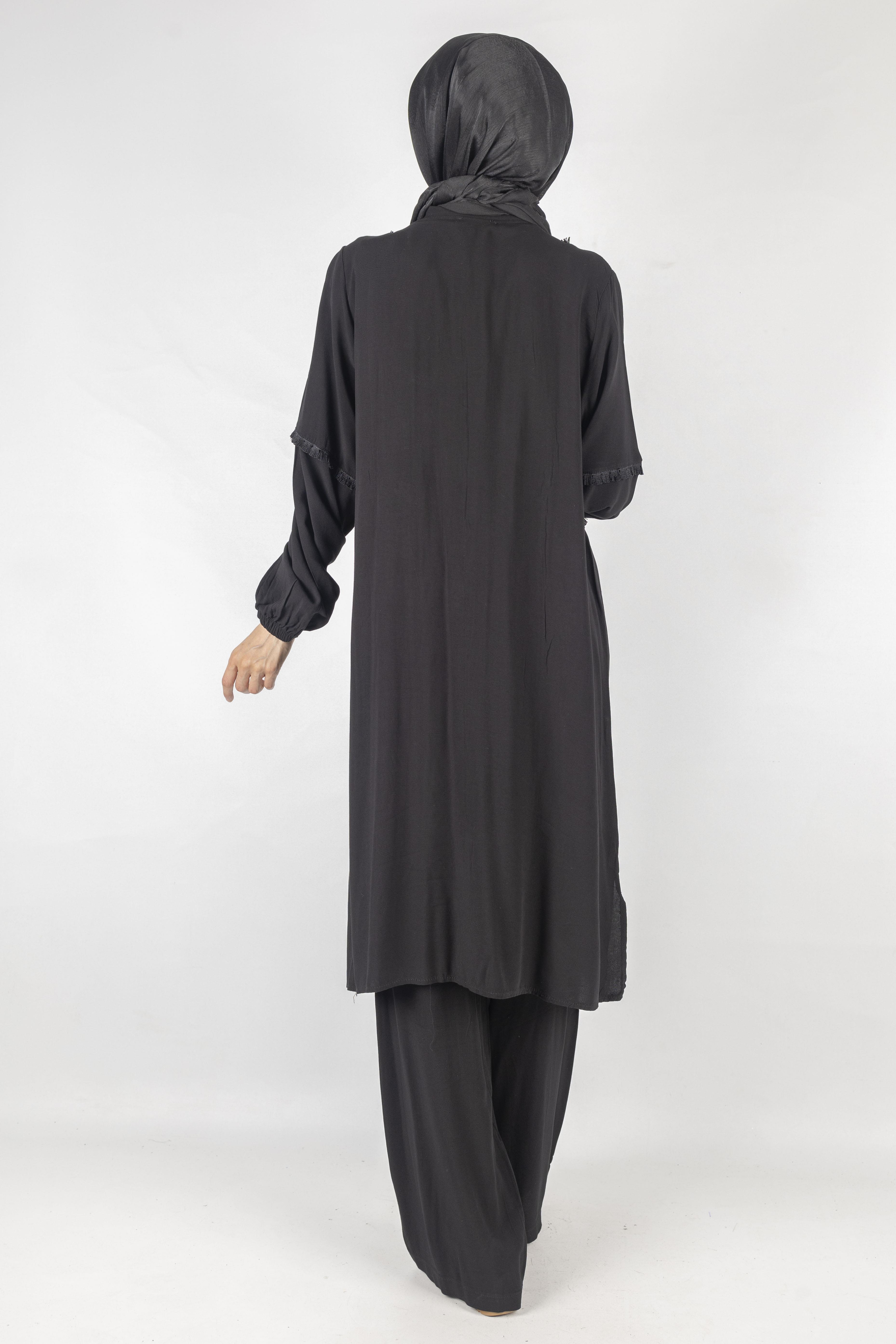 Püskül Detaylı Yıkanmış Viskon Kumaş Takım Siyah OTW454