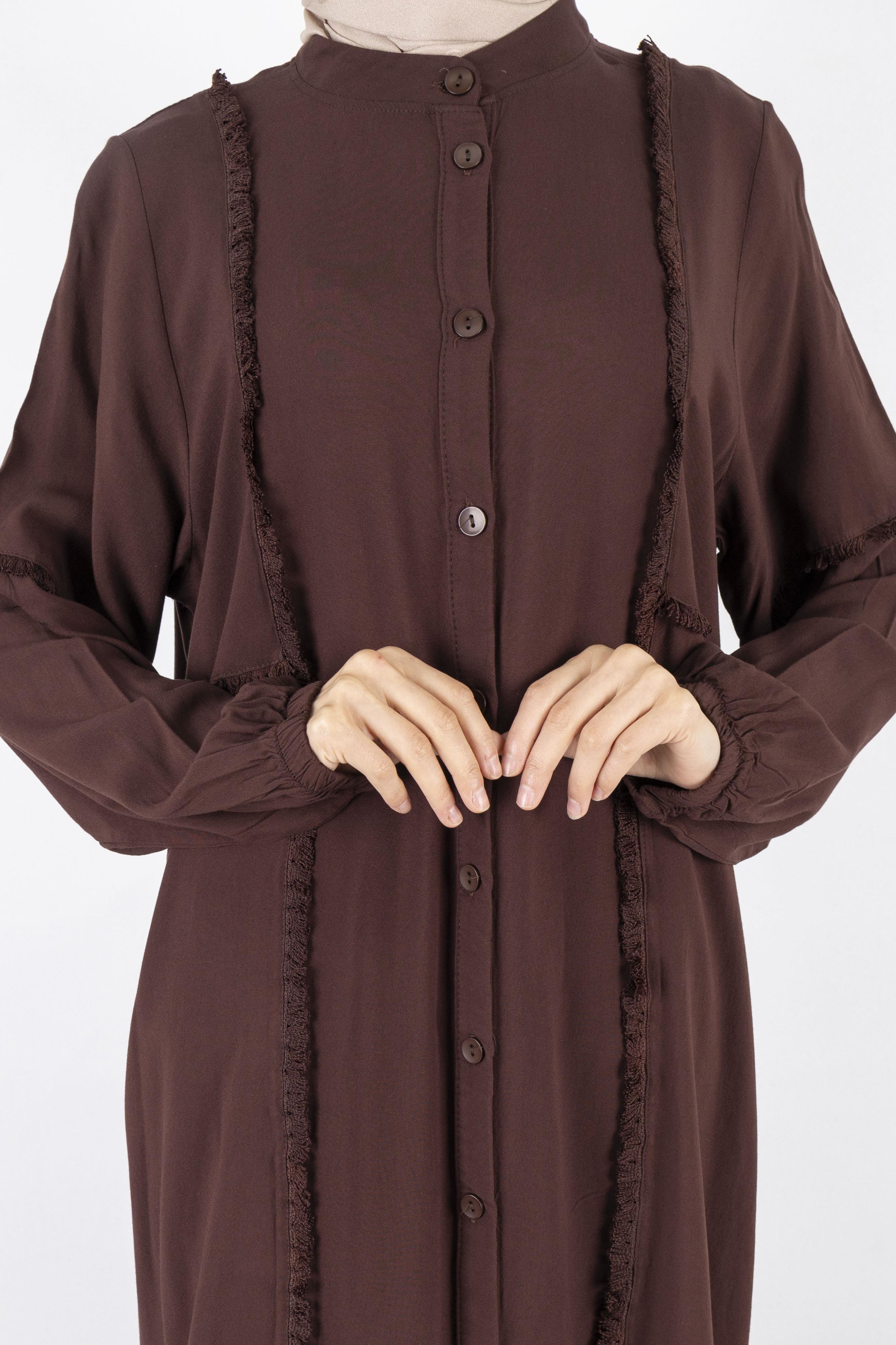 Püskül Detaylı Yıkanmış Viskon Kumaş Takım Kahve OTW454