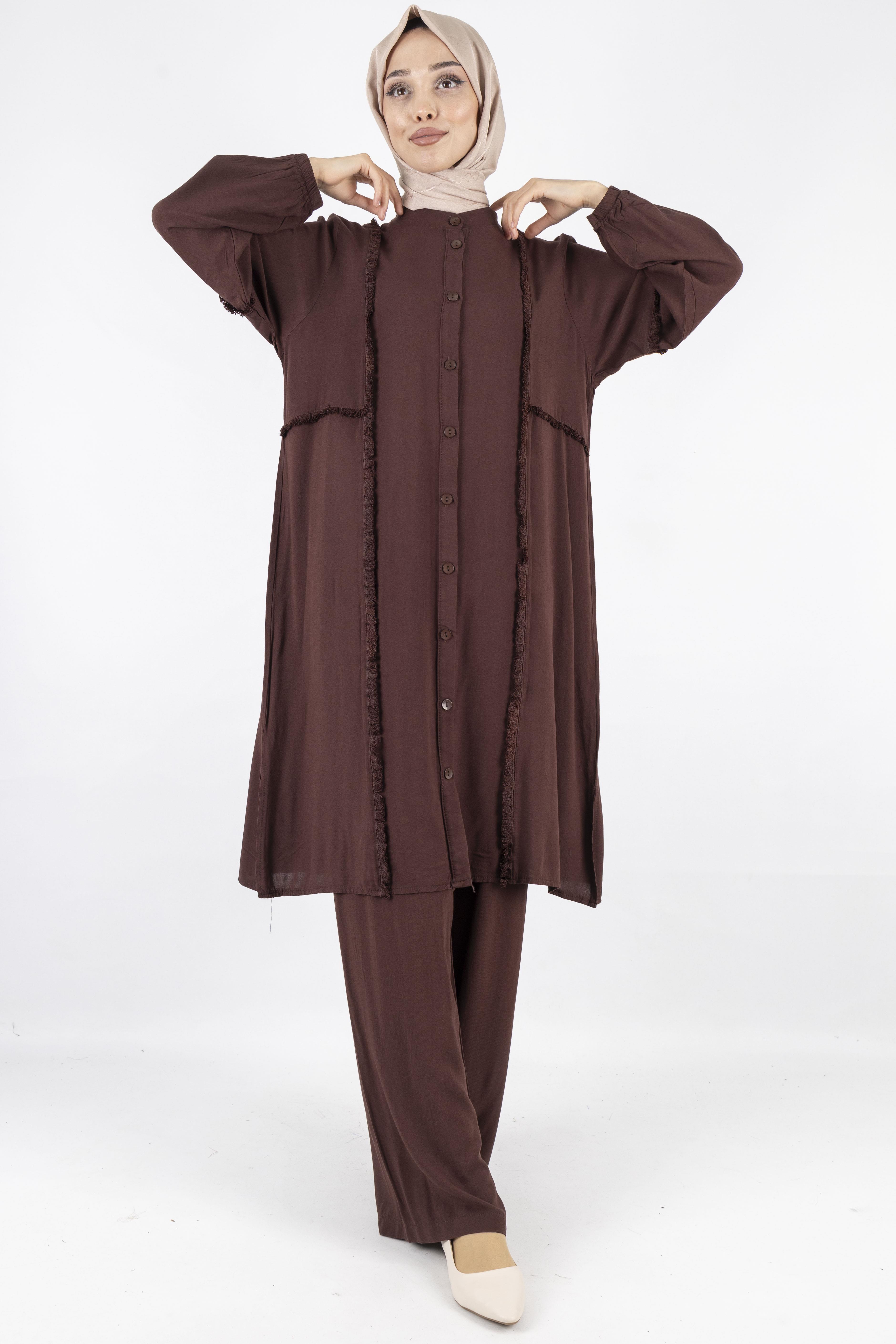 Püskül Detaylı Yıkanmış Viskon Kumaş Takım Kahve OTW454