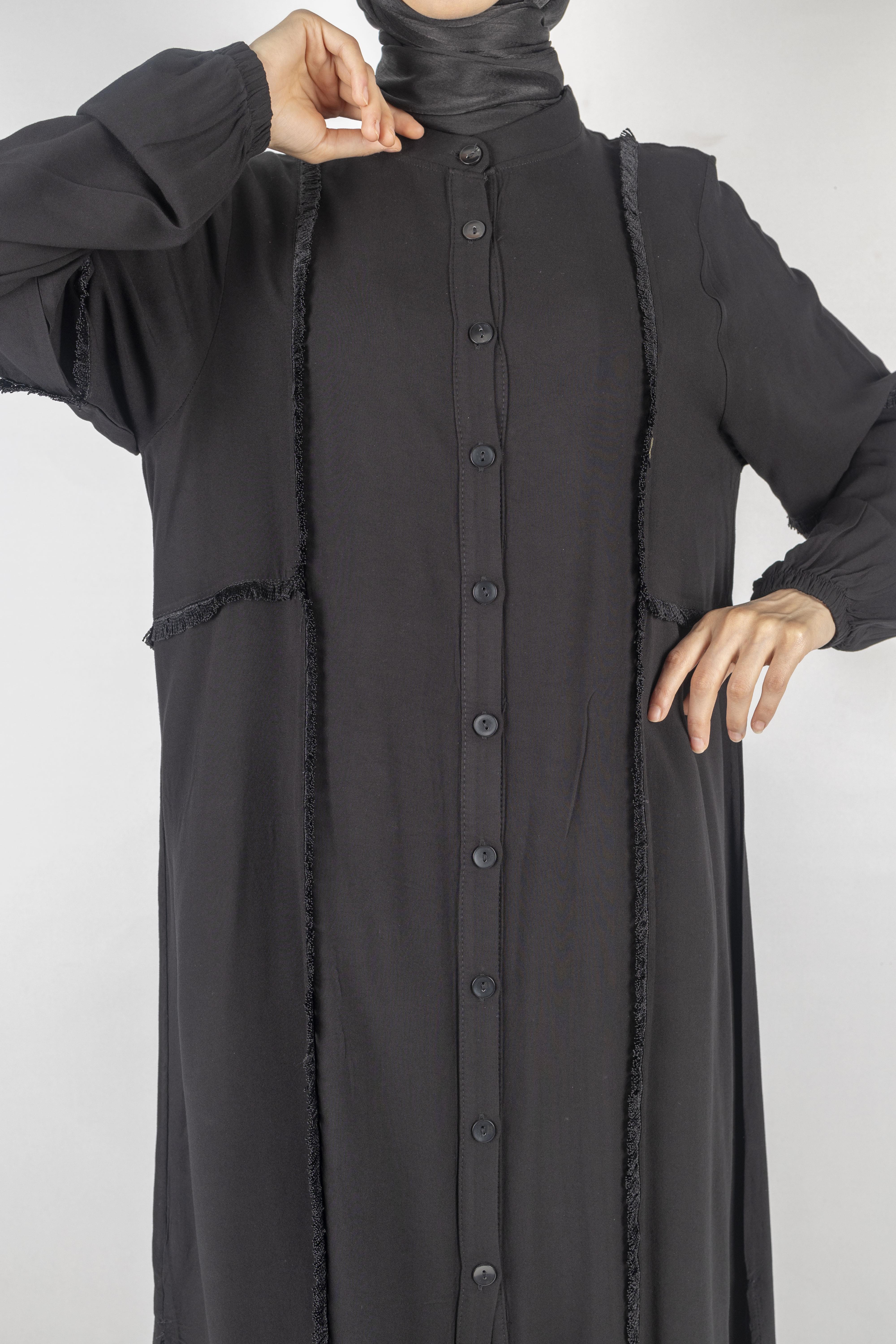 Püskül Detaylı Yıkanmış Viskon Kumaş Takım Siyah OTW454