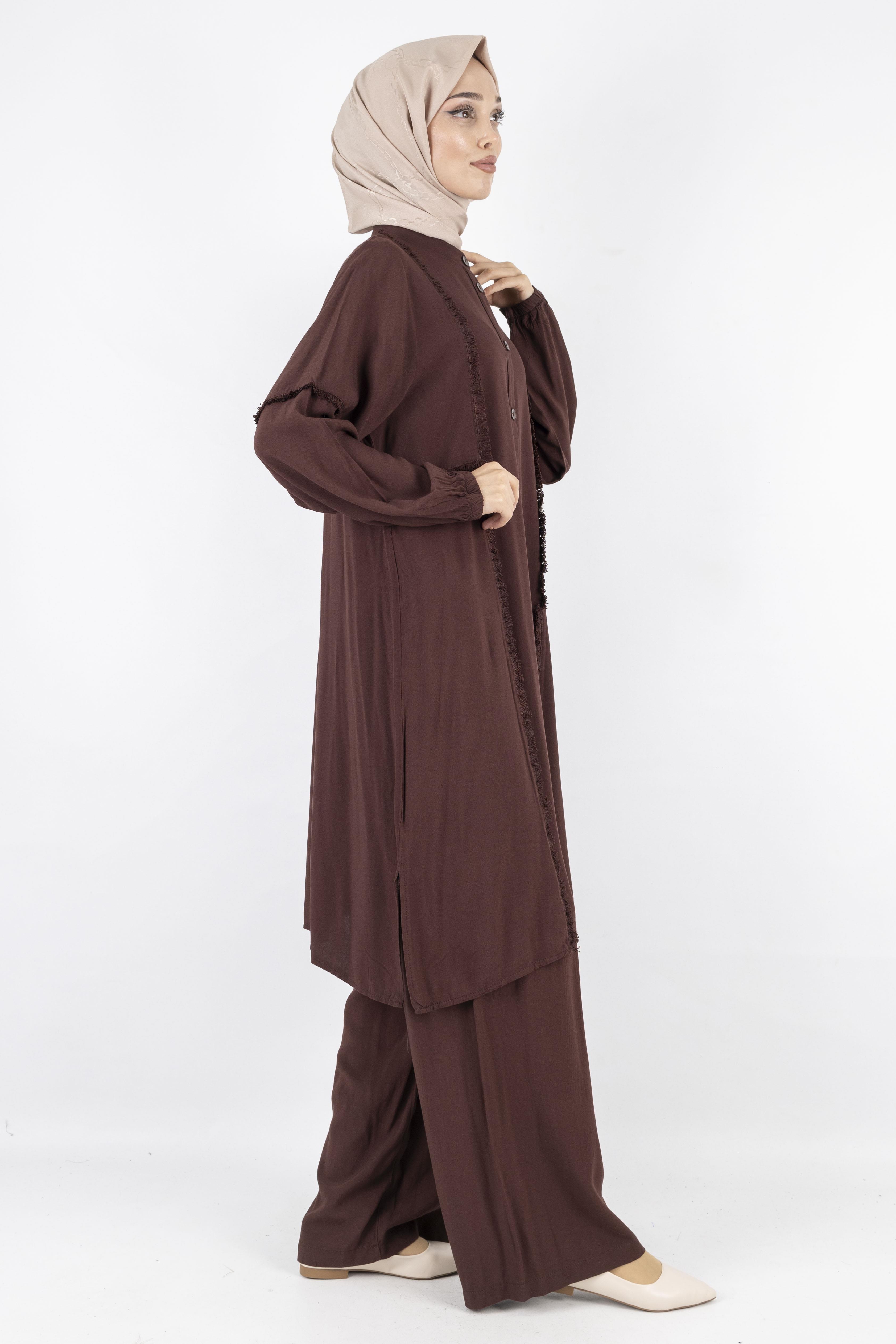 Püskül Detaylı Yıkanmış Viskon Kumaş Takım Kahve OTW454