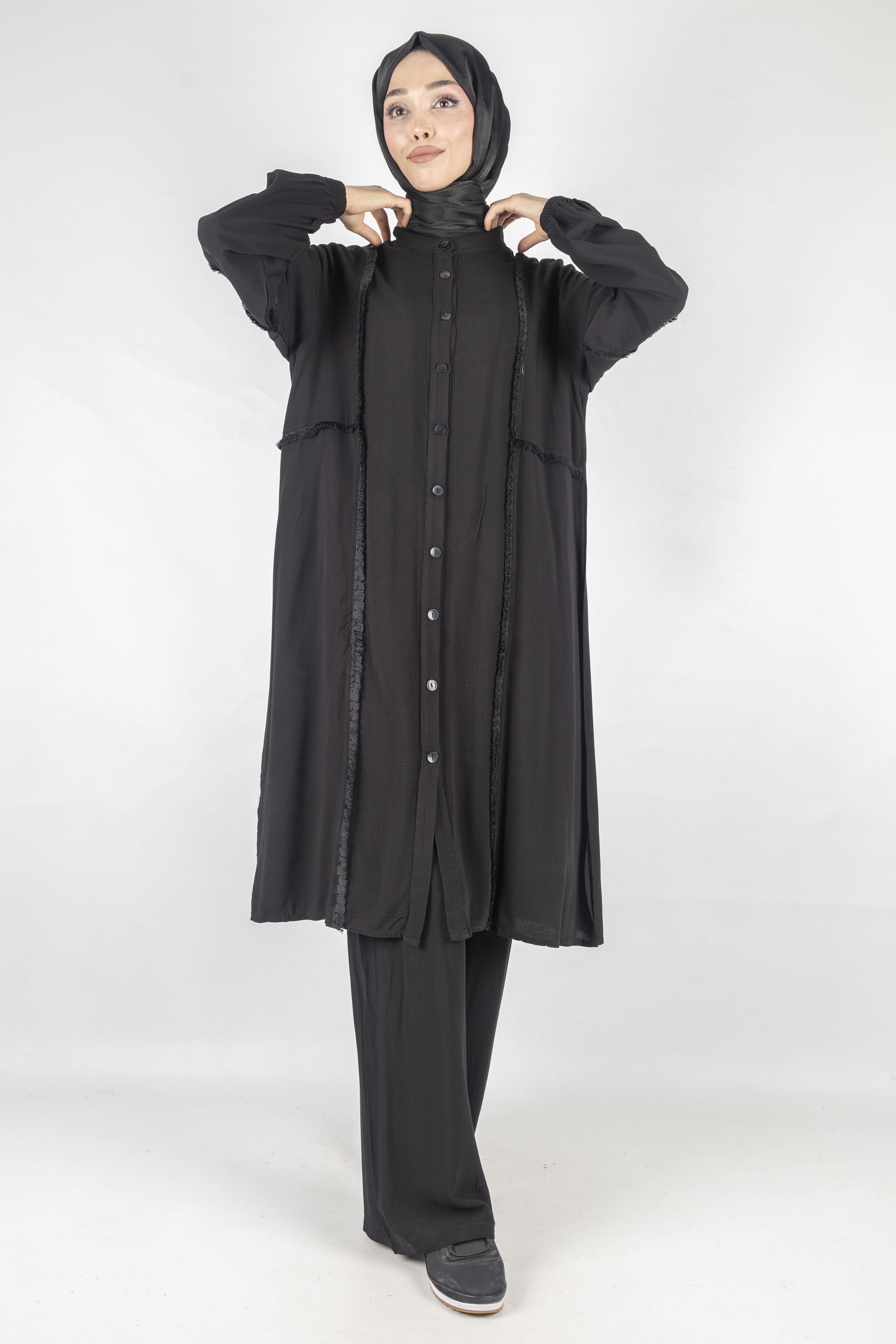 Püskül Detaylı Yıkanmış Viskon Kumaş Takım Siyah OTW454