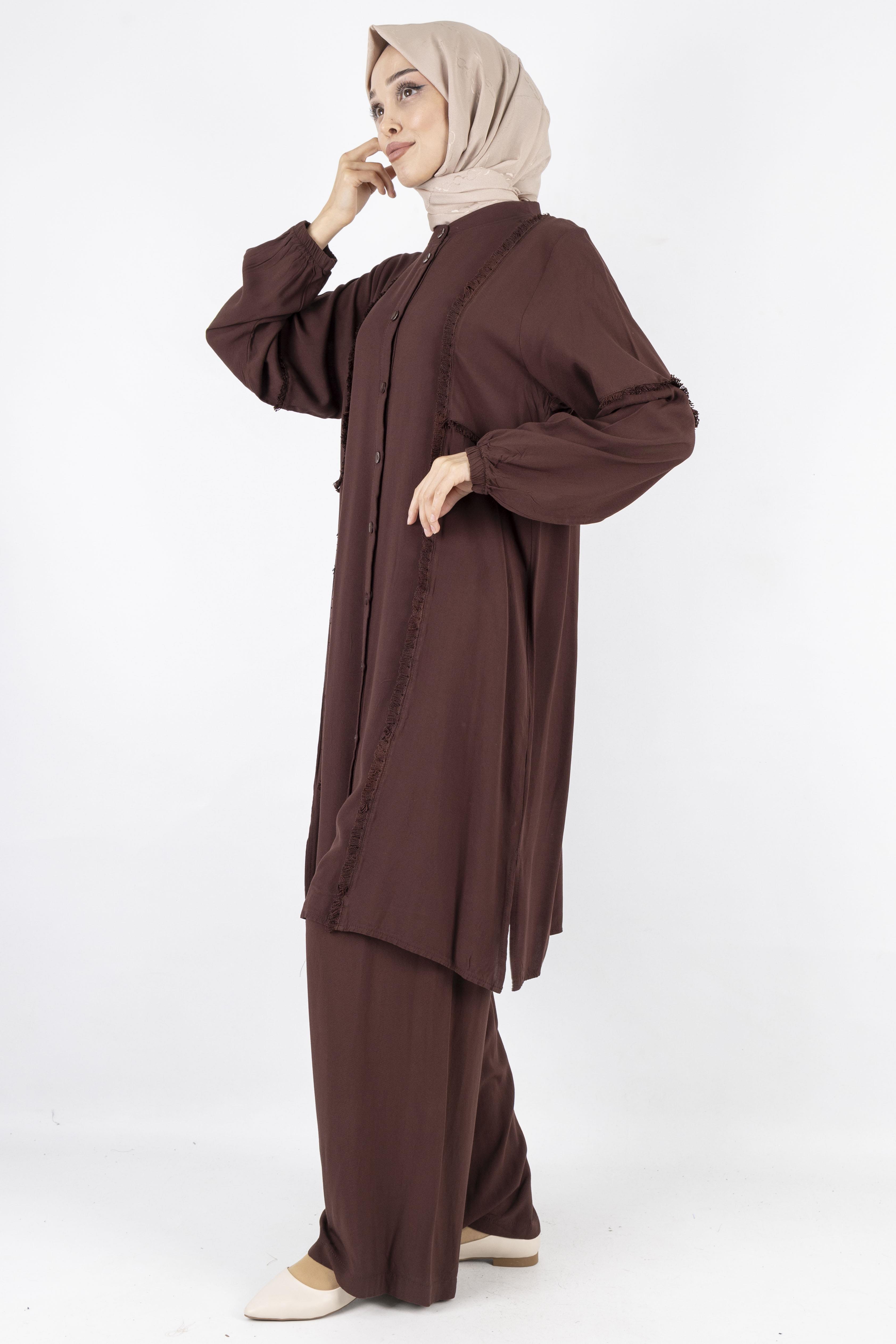 Püskül Detaylı Yıkanmış Viskon Kumaş Takım Kahve OTW454