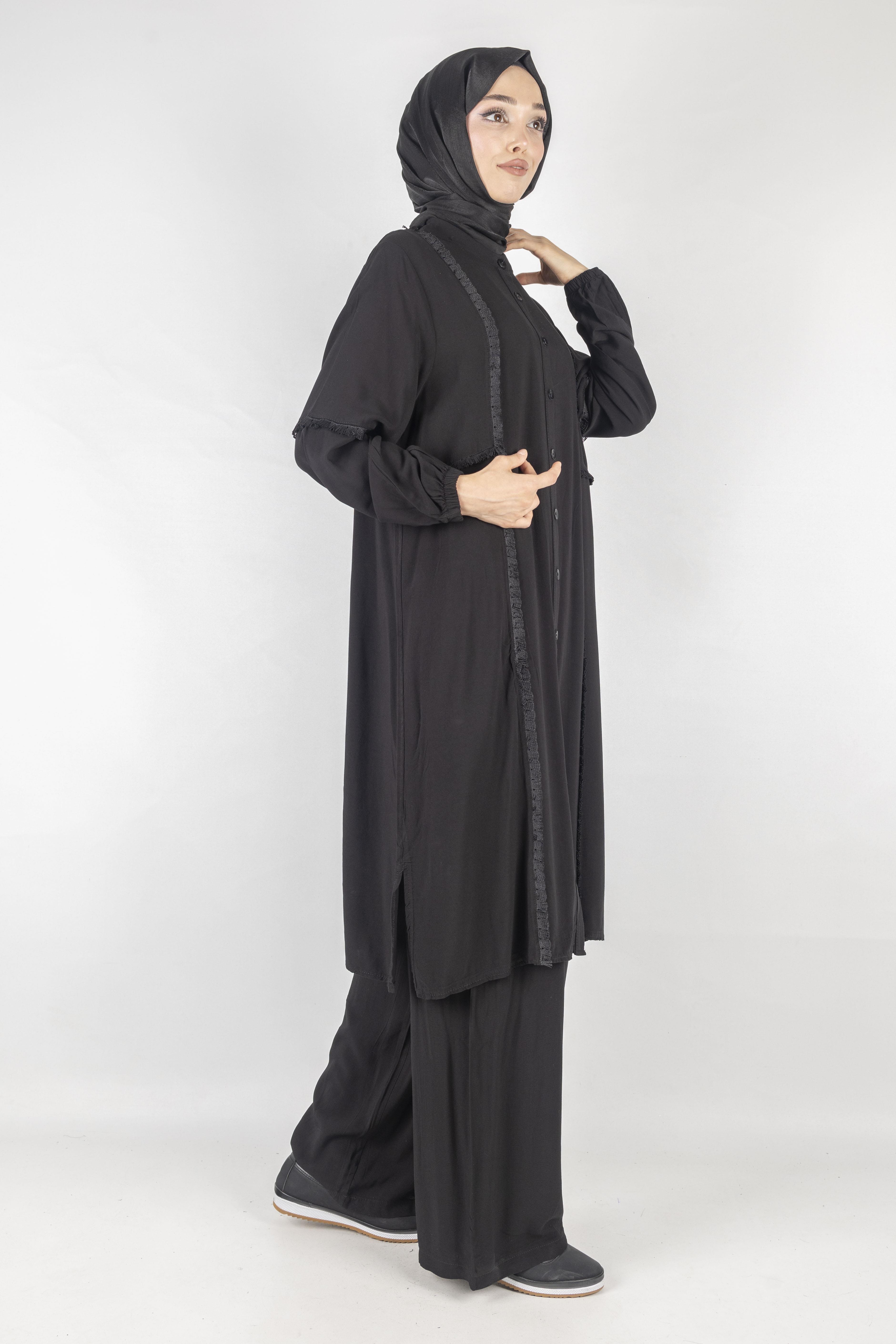 Püskül Detaylı Yıkanmış Viskon Kumaş Takım Siyah OTW454