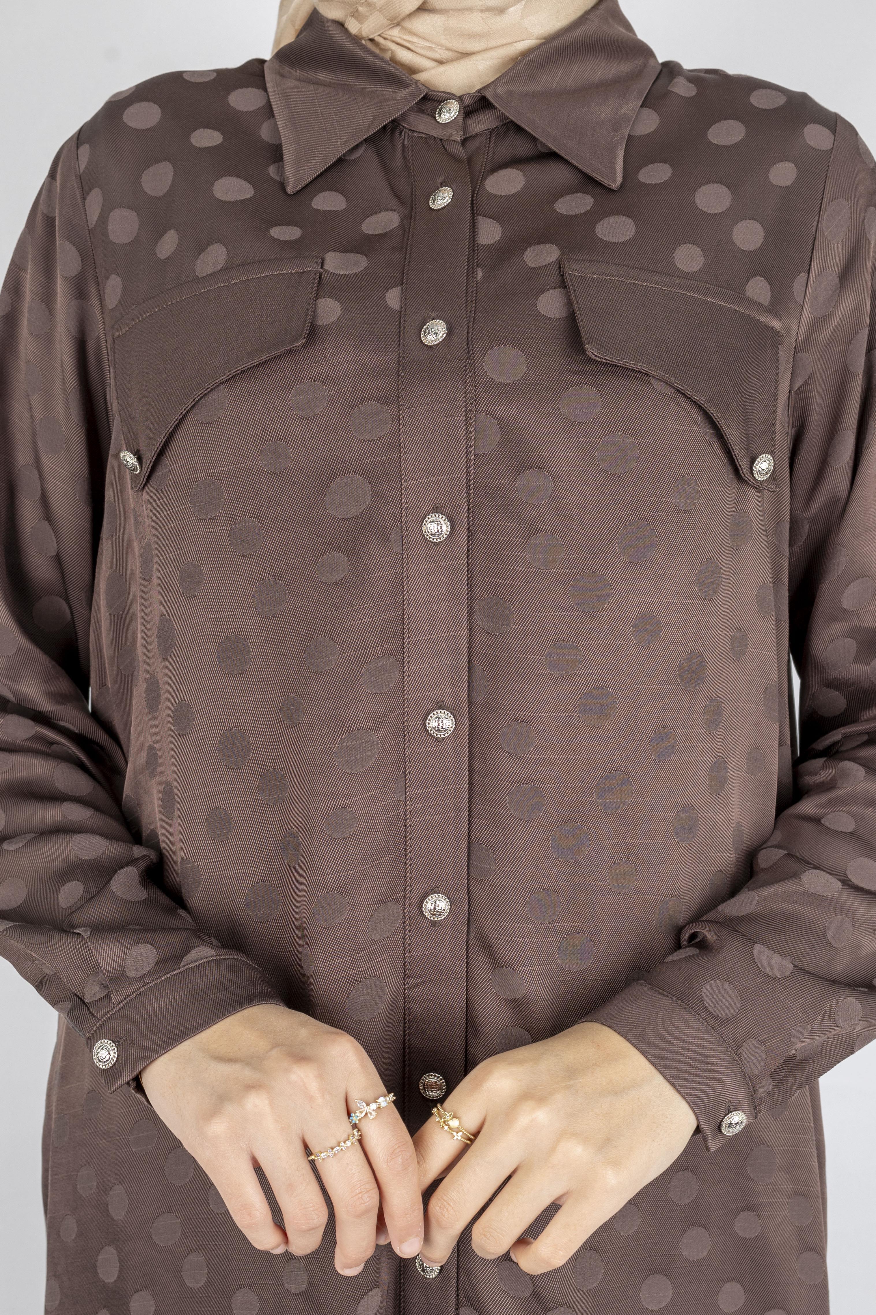 Qupra Kumaş Puantiye Desenli Tesettür Takım Kahve OTW45830