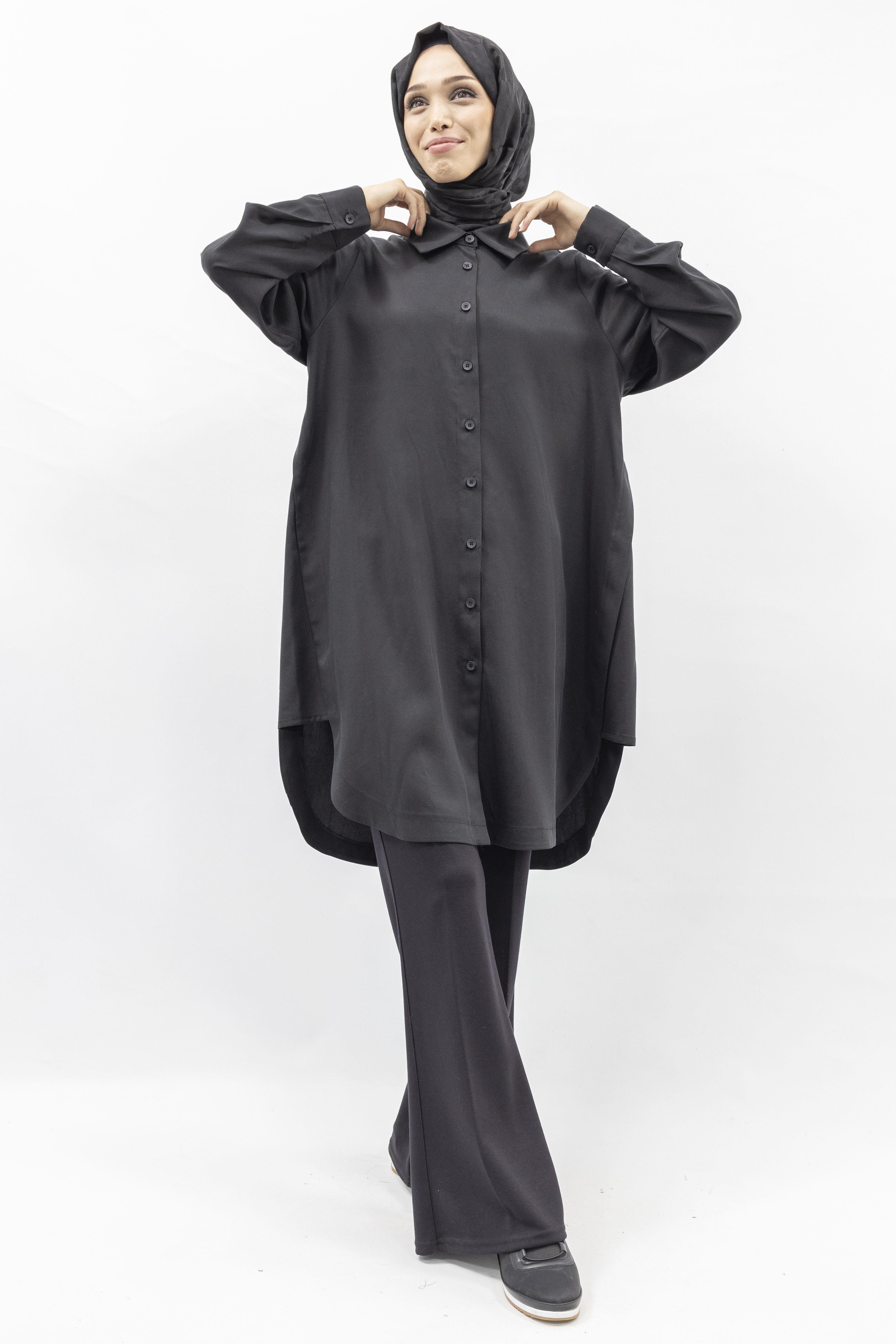 Rahat Form Düğmeli Gömlek Tunik Siyah OTW774