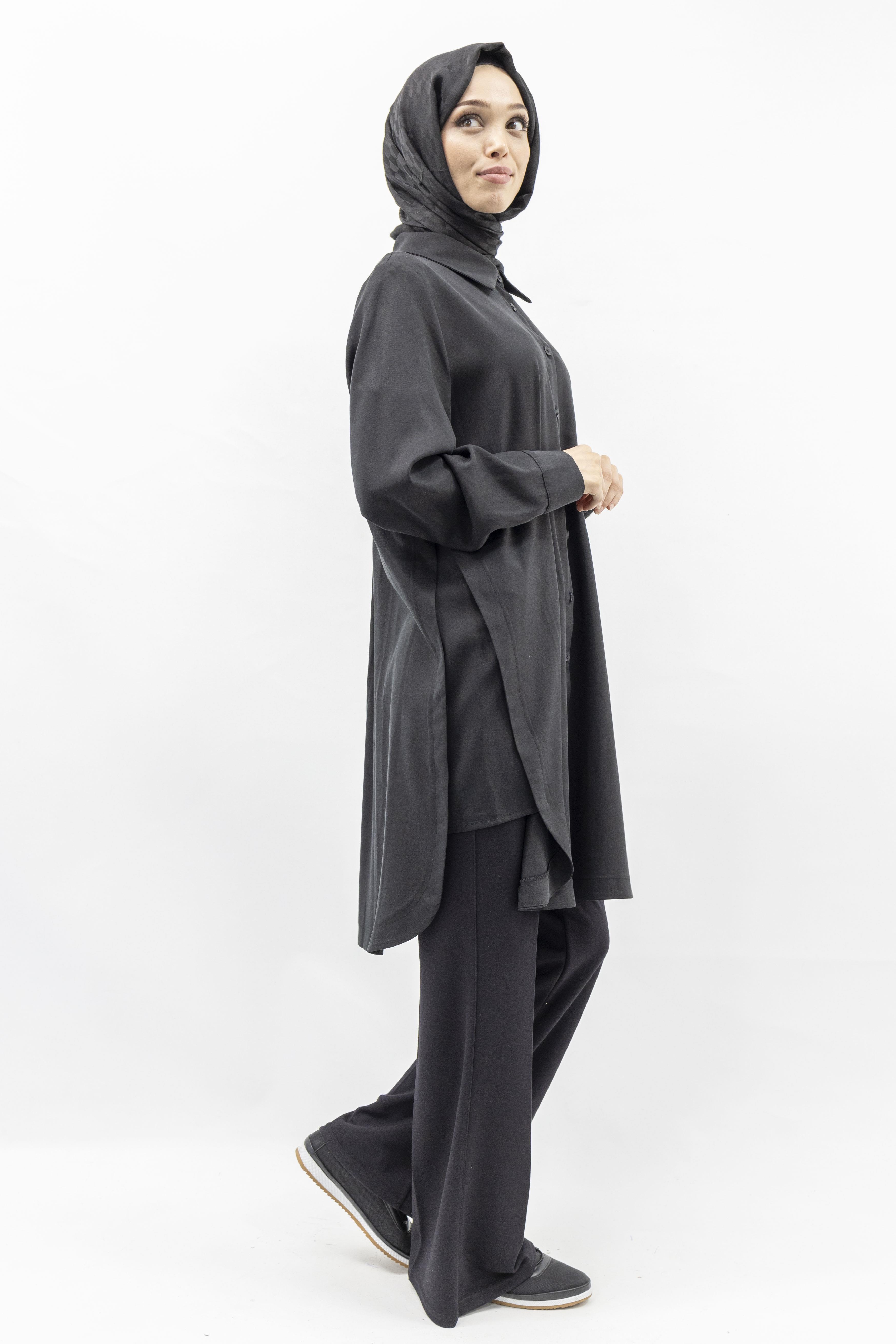 Rahat Form Düğmeli Gömlek Tunik Siyah OTW774