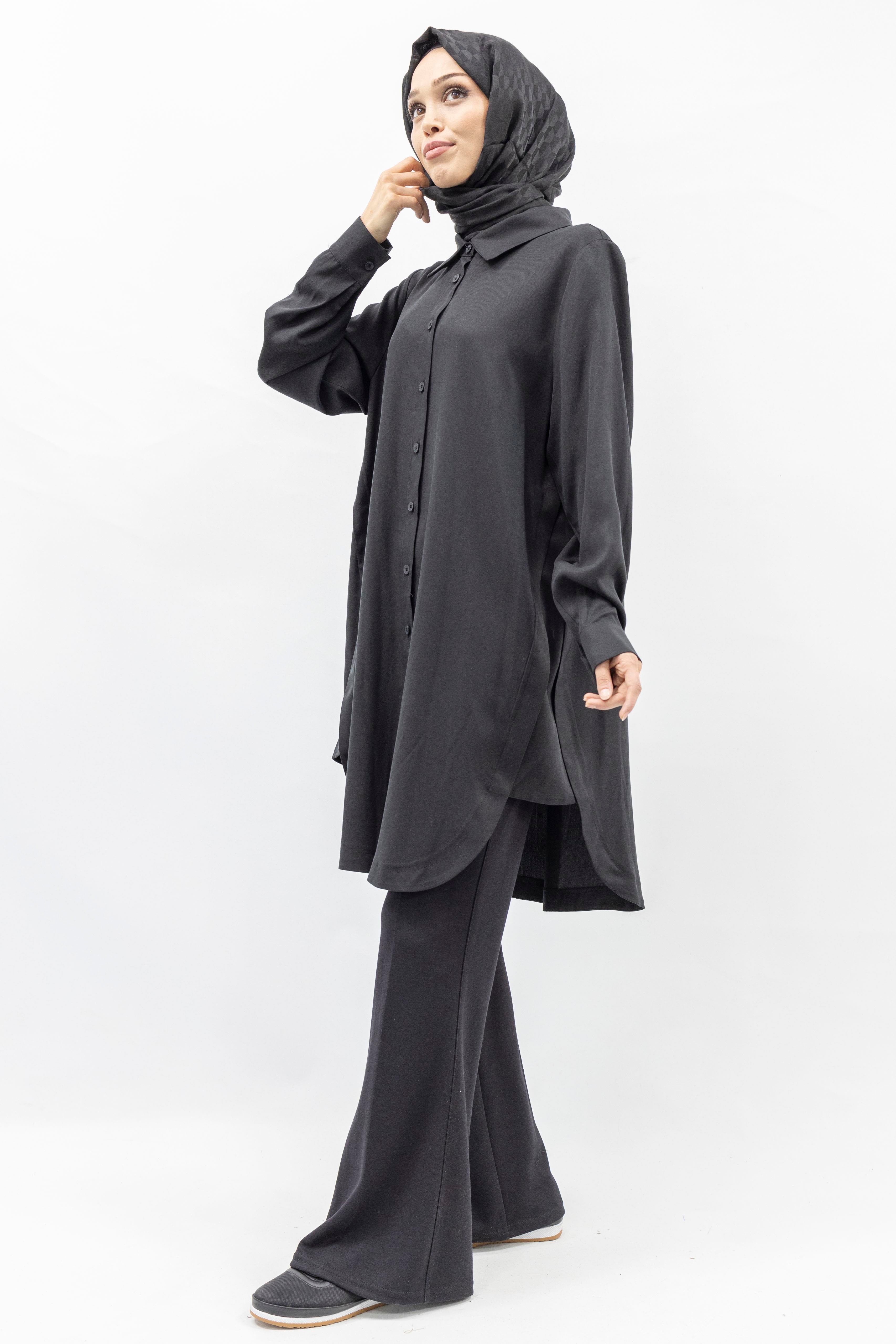 Rahat Form Düğmeli Gömlek Tunik Siyah OTW774