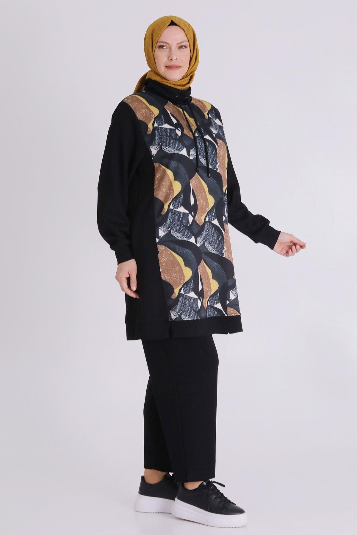 Renkli Desen Detaylı Kapüşonlu Takım Siyah OTW350