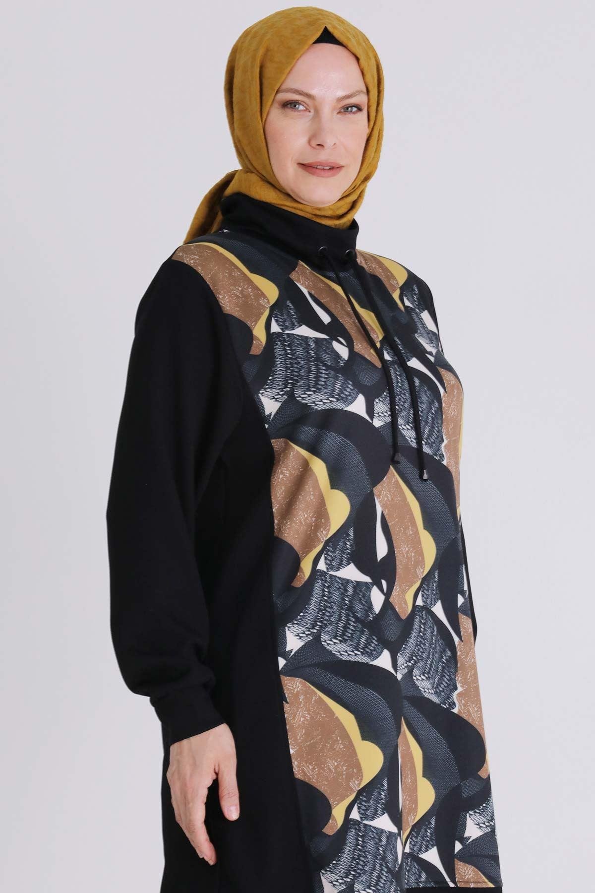 Renkli Desen Detaylı Kapüşonlu Takım Siyah OTW350