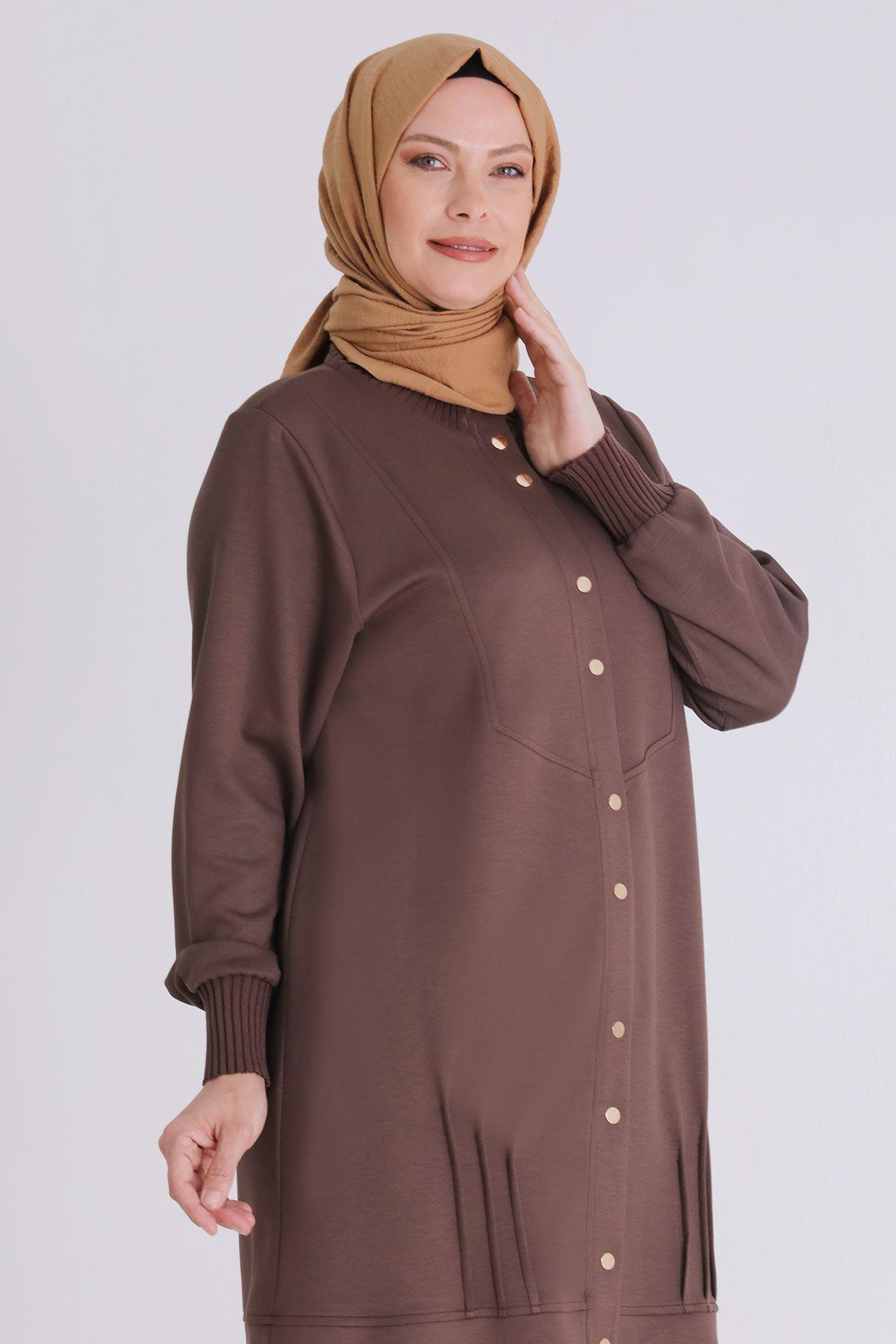 Ribanalı Kol Detaylı Pantolonlu Tesettür Takım Kahve OTW3548