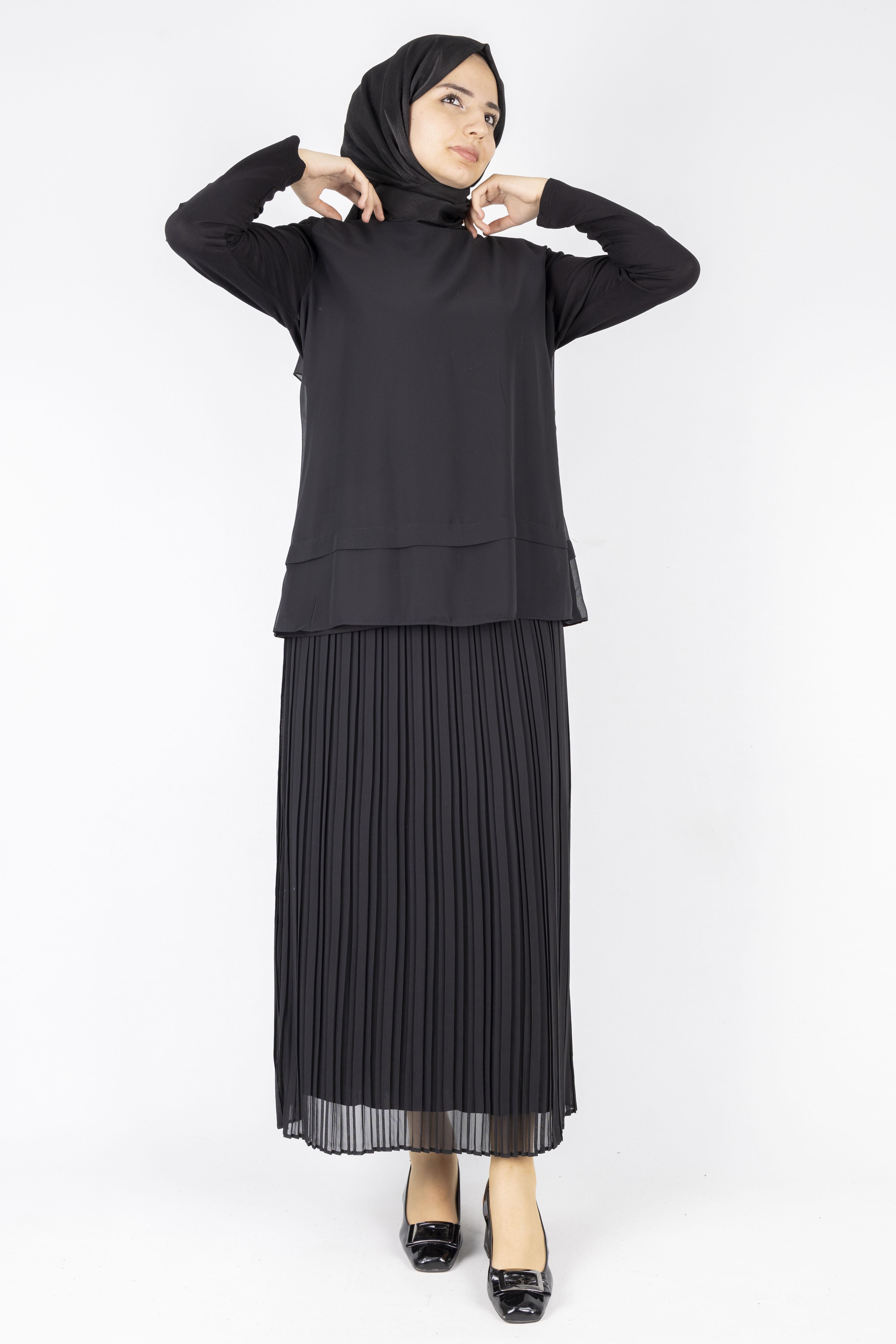 Sade Şifon Katlı Siyah Tunik Siyah OTW575