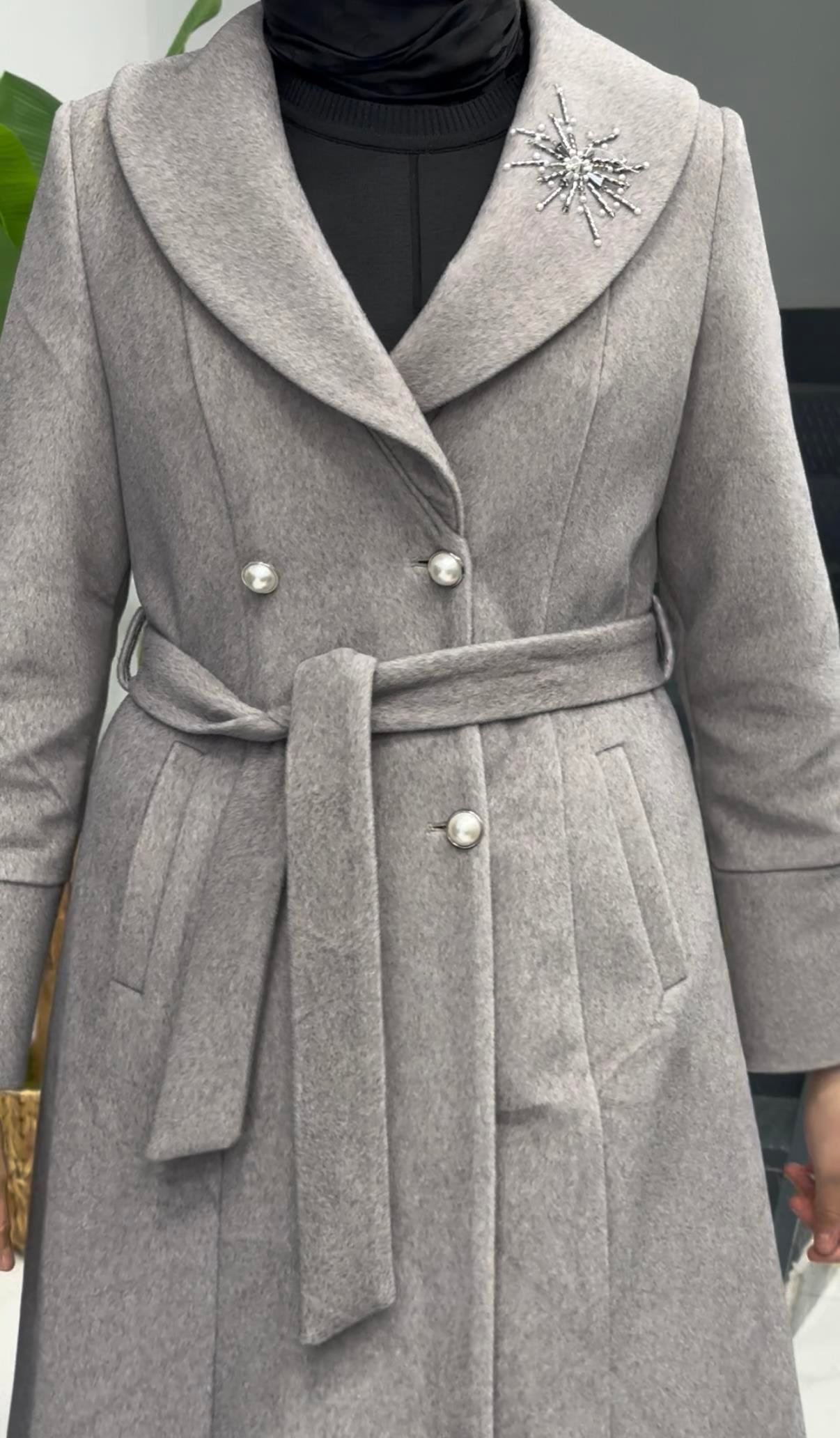 Şal Yaka Kuşaklı Kaşe Kaban Krem OTW3770