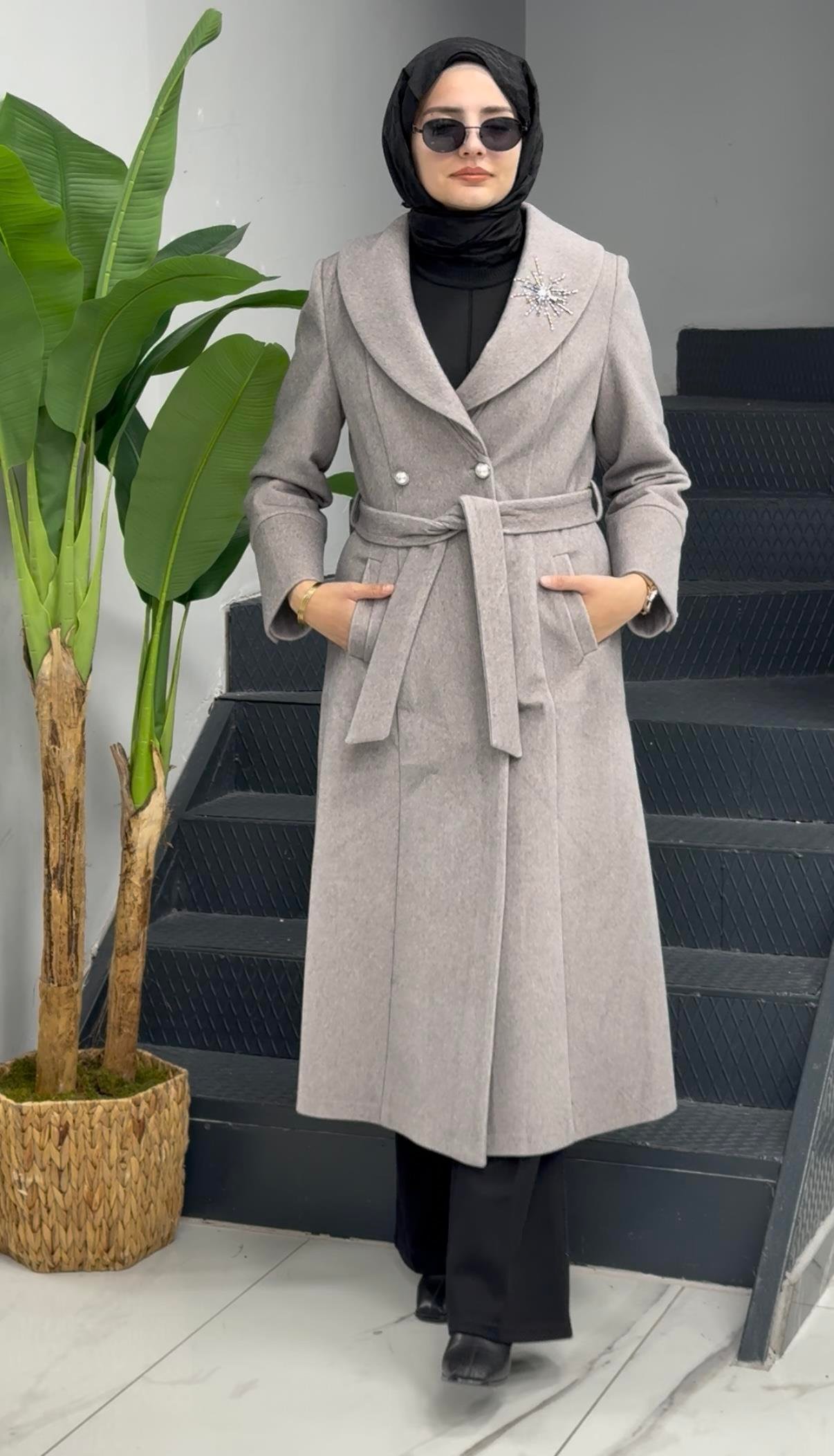 Şal Yaka Kuşaklı Kaşe Kaban Krem OTW3770