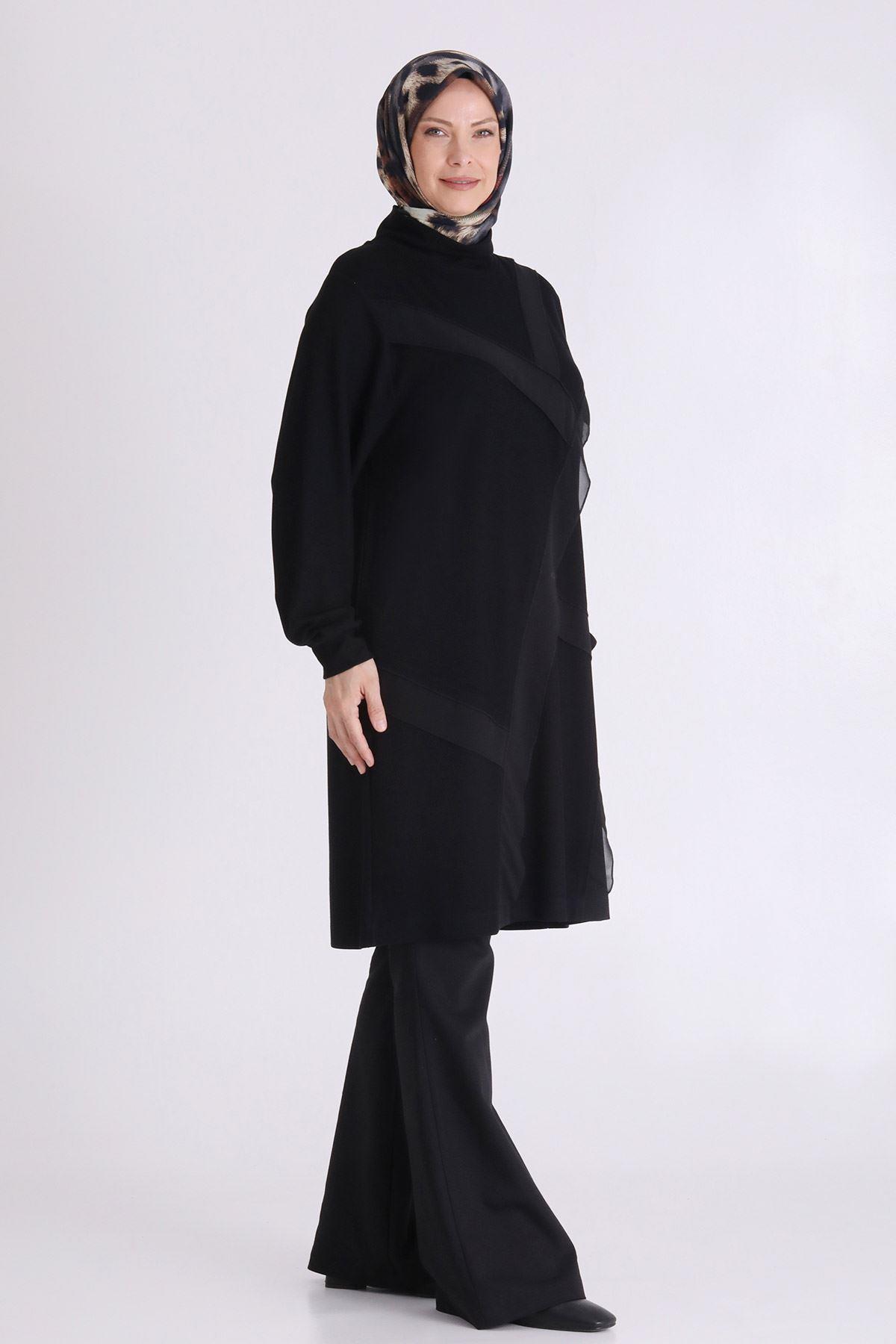 Şerit Detaylı Rahat Kesim Büyük Beden Tunik Siyah OTW20132