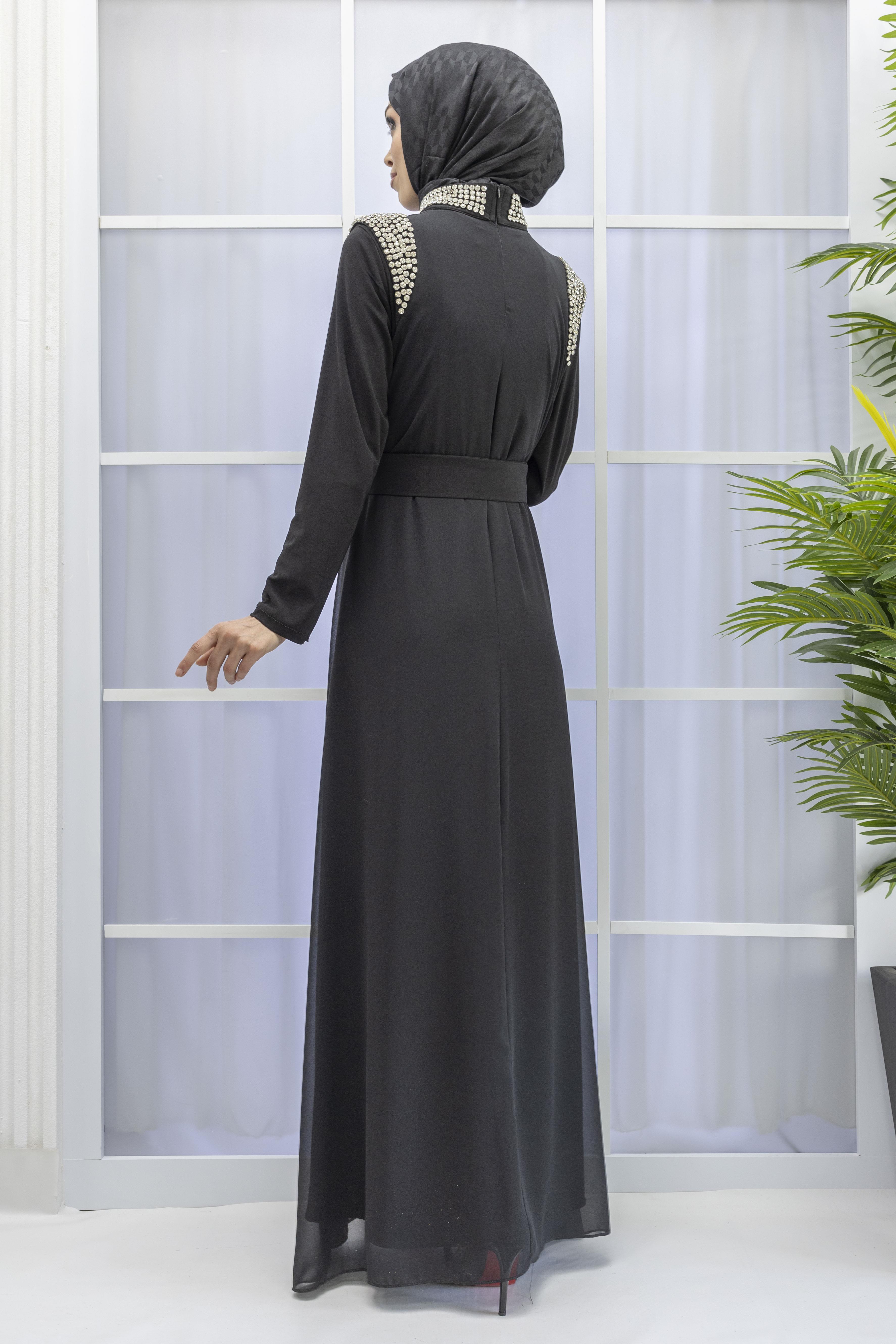 Şifon Abayalı Elbise Siyah OTW4320