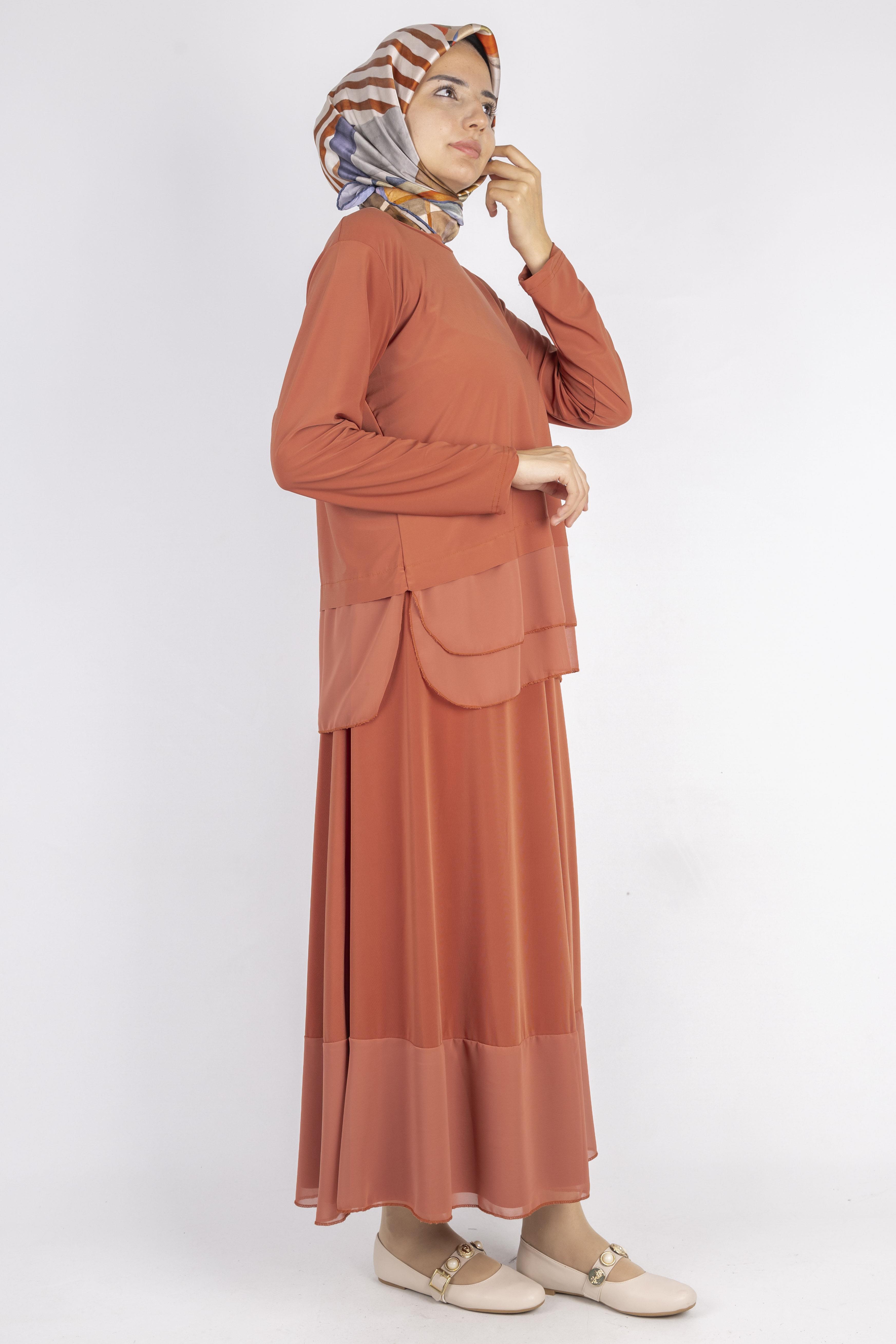 Şifon Detaylı Sandy Kumaş Etekli Takım Turuncu OTW0517