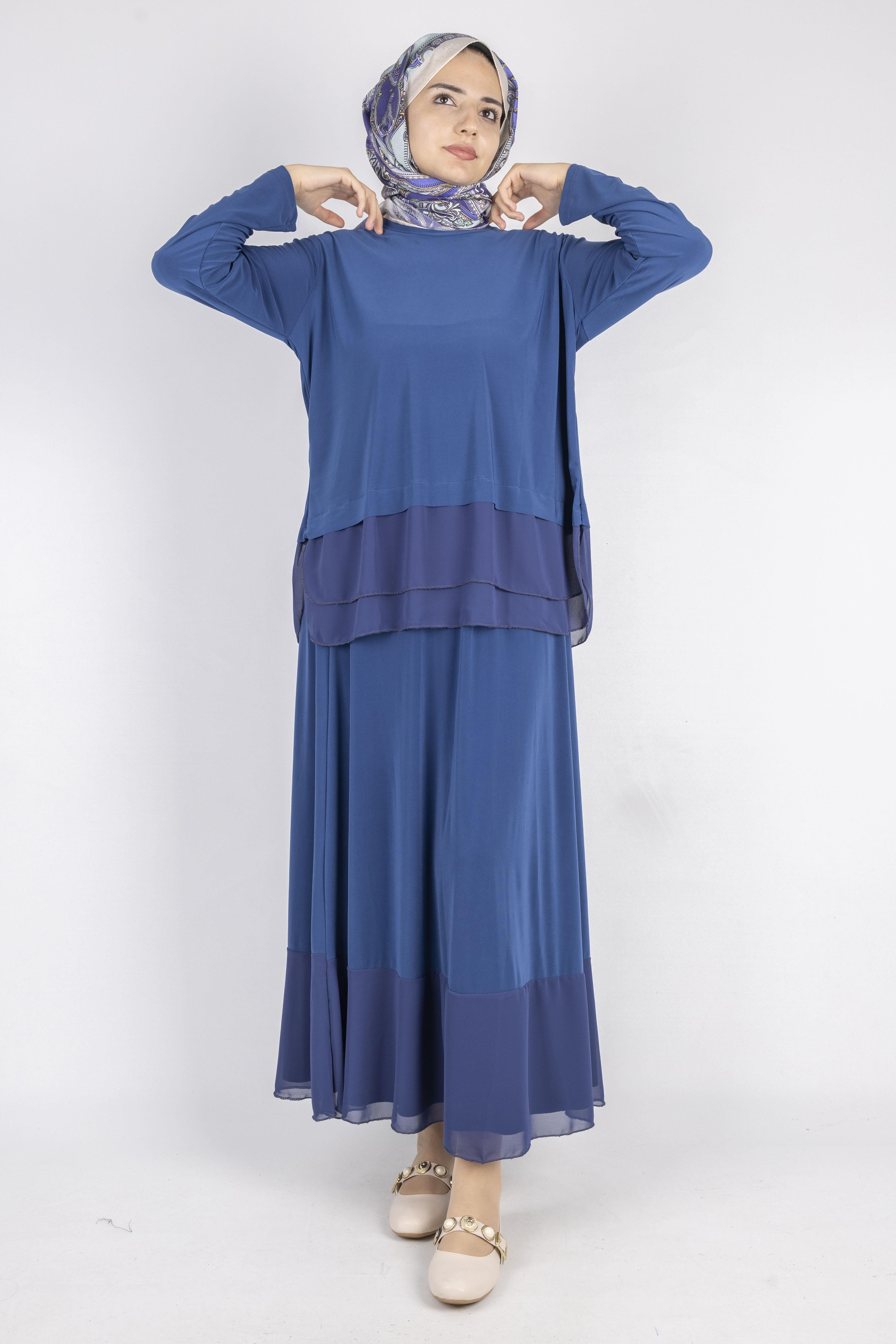 Şifon Detaylı Sandy Kumaş Etekli Takım İndigo OTW0517