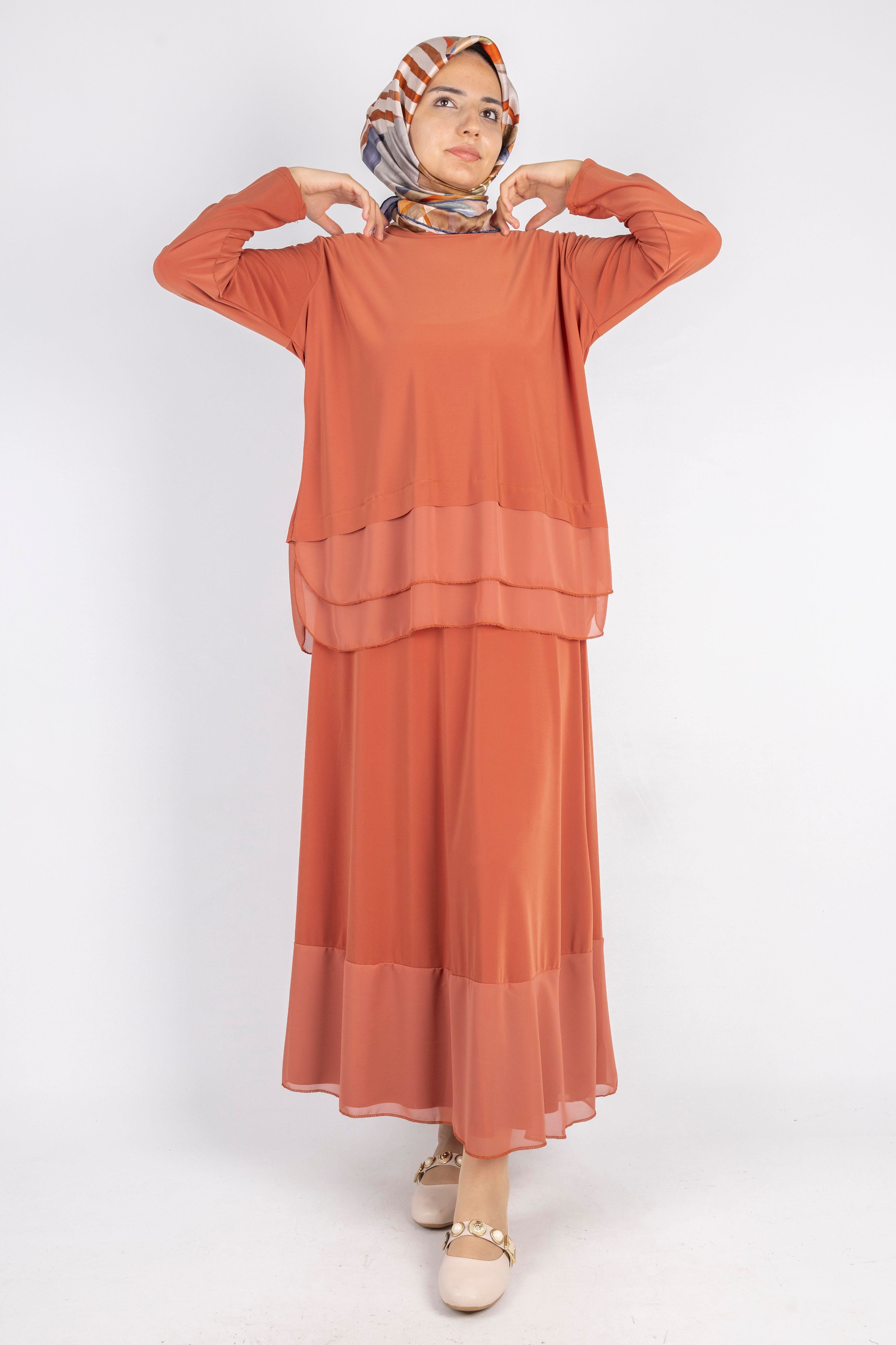 Şifon Detaylı Sandy Kumaş Etekli Takım Turuncu OTW0517