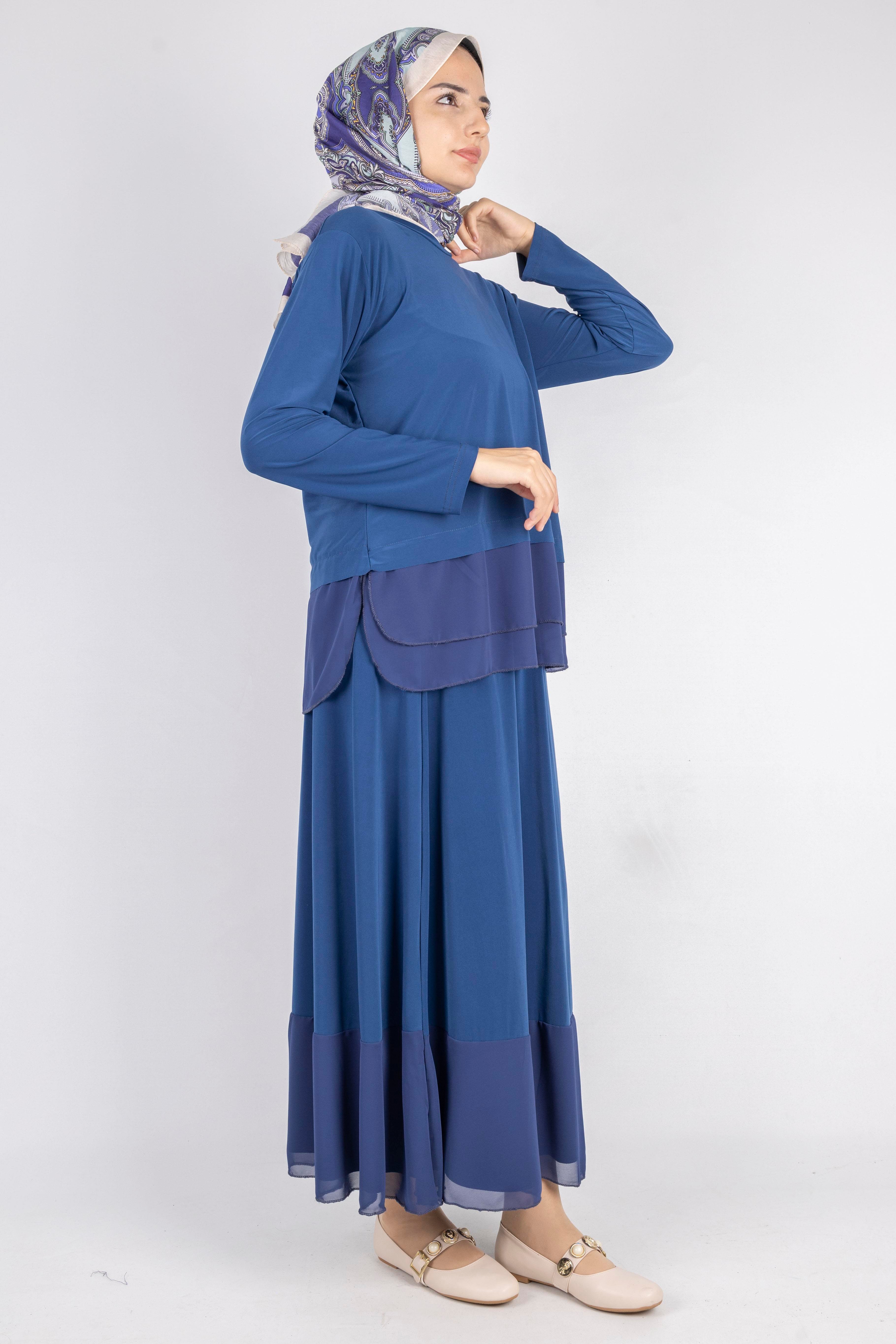 Şifon Detaylı Sandy Kumaş Etekli Takım İndigo OTW0517