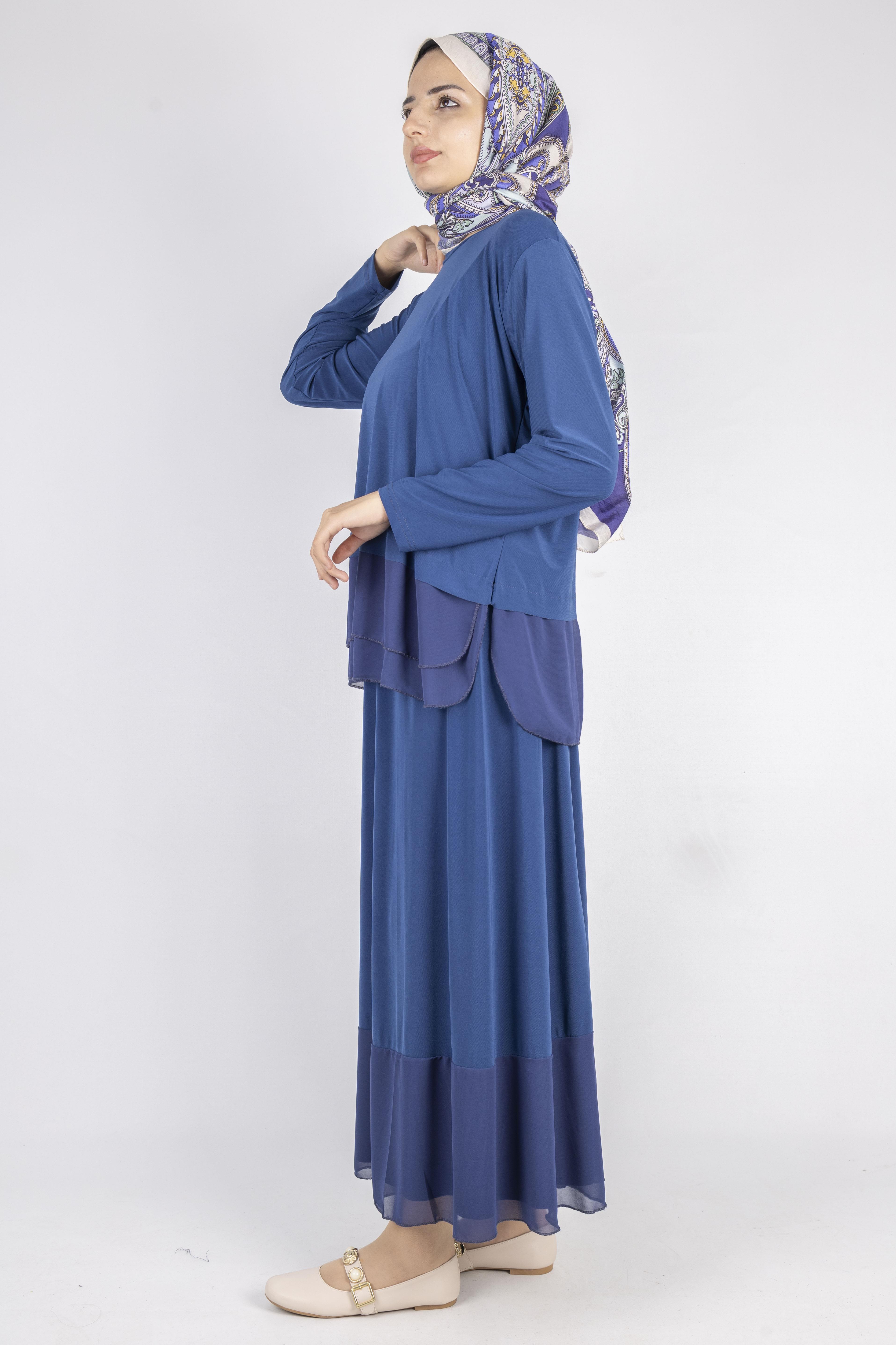 Şifon Detaylı Sandy Kumaş Etekli Takım İndigo OTW0517