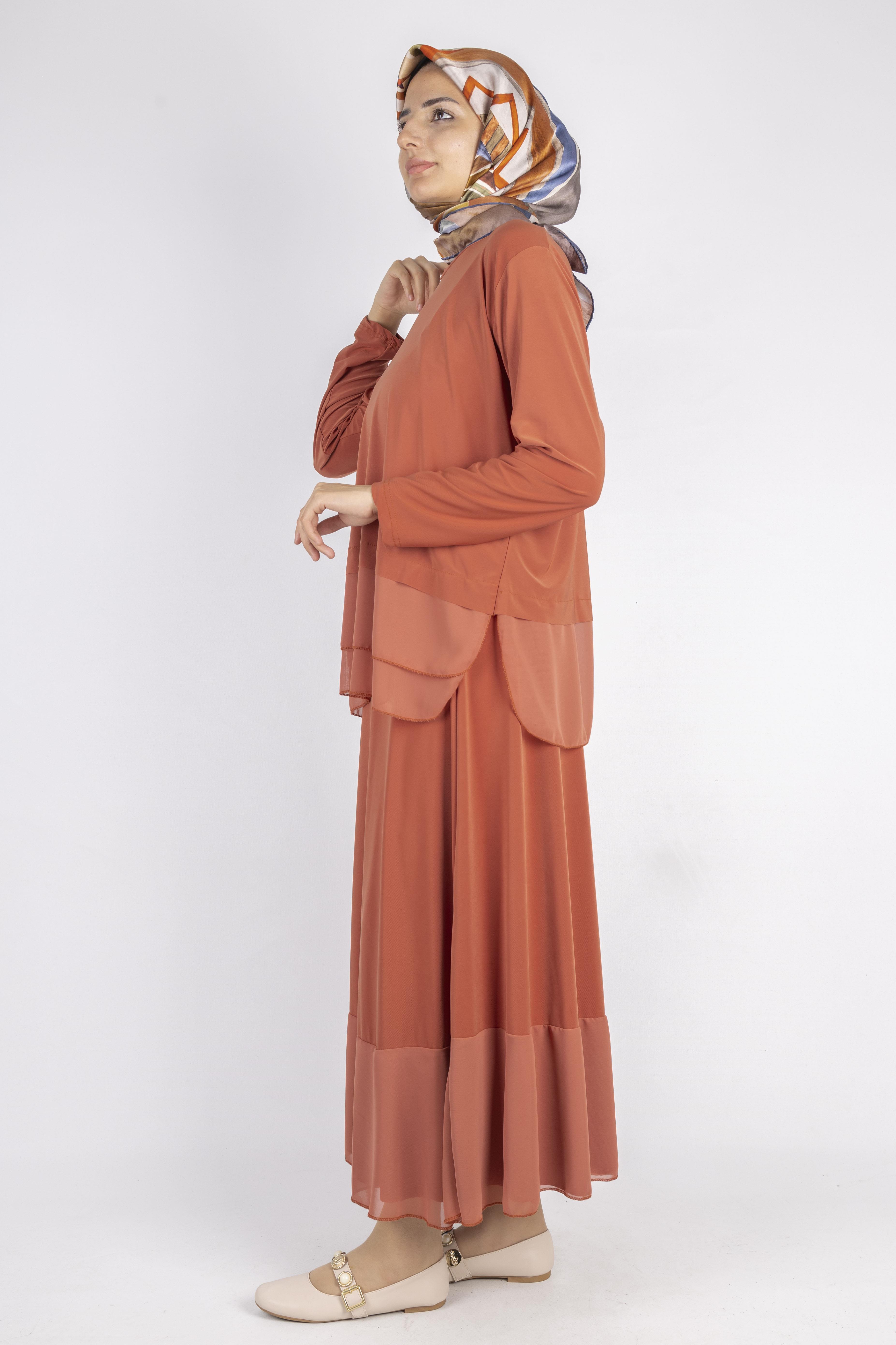 Şifon Detaylı Sandy Kumaş Etekli Takım Turuncu OTW0517