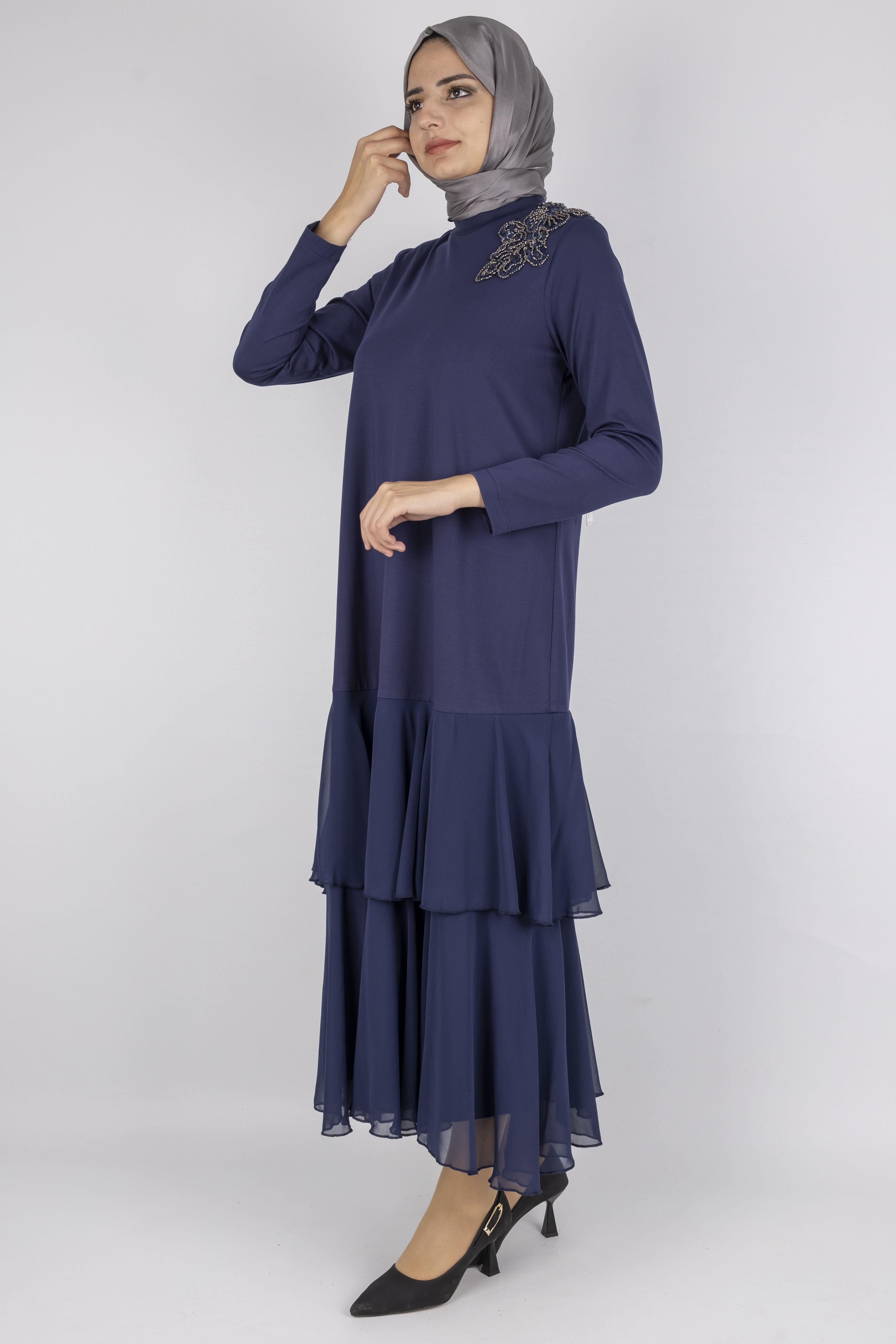 Şifon Katlı Omuz Taşlı Çelik Örme Uzun Elbise Lacivert OTW25170