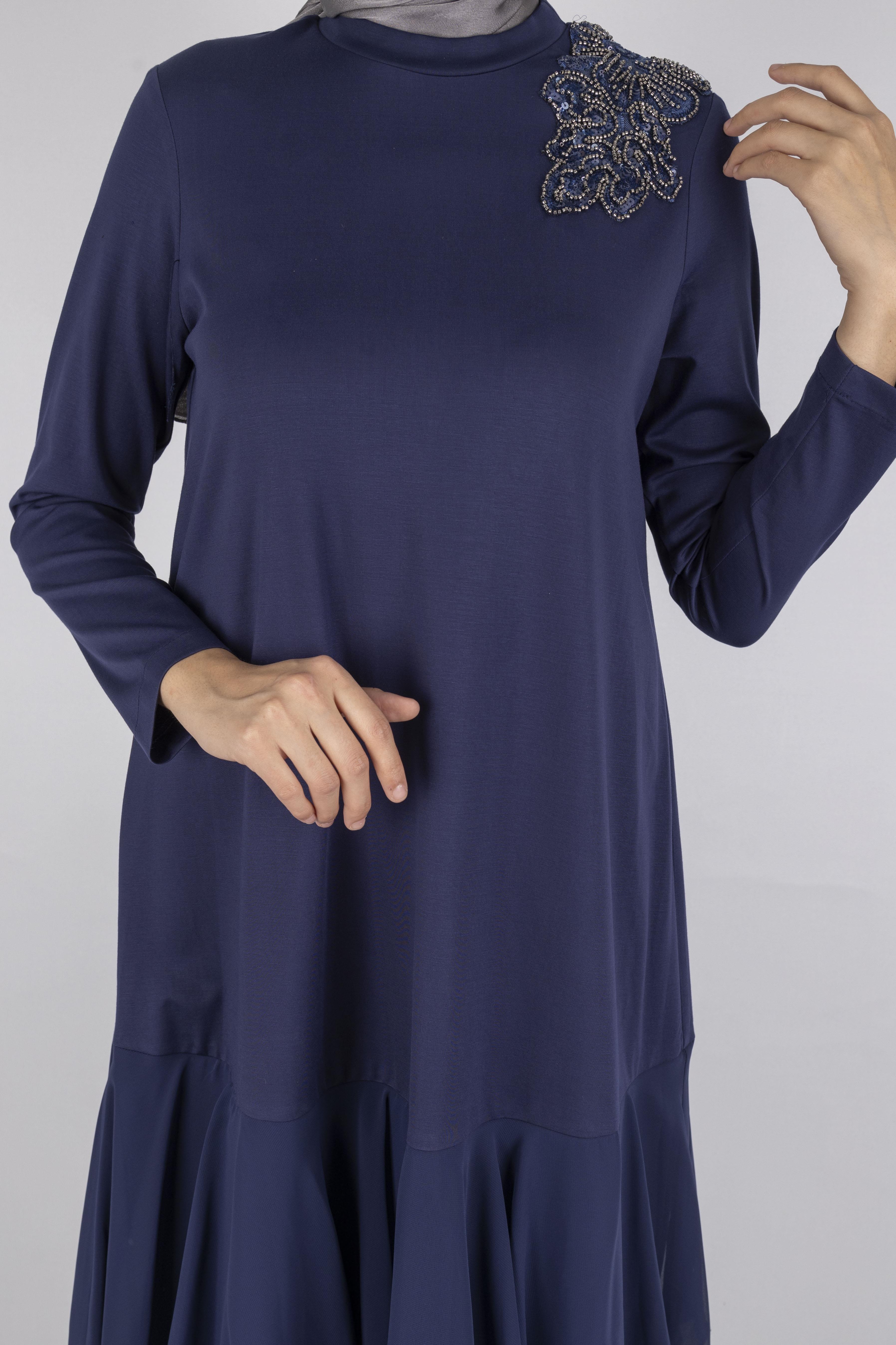 Şifon Katlı Omuz Taşlı Çelik Örme Uzun Elbise Lacivert OTW25170