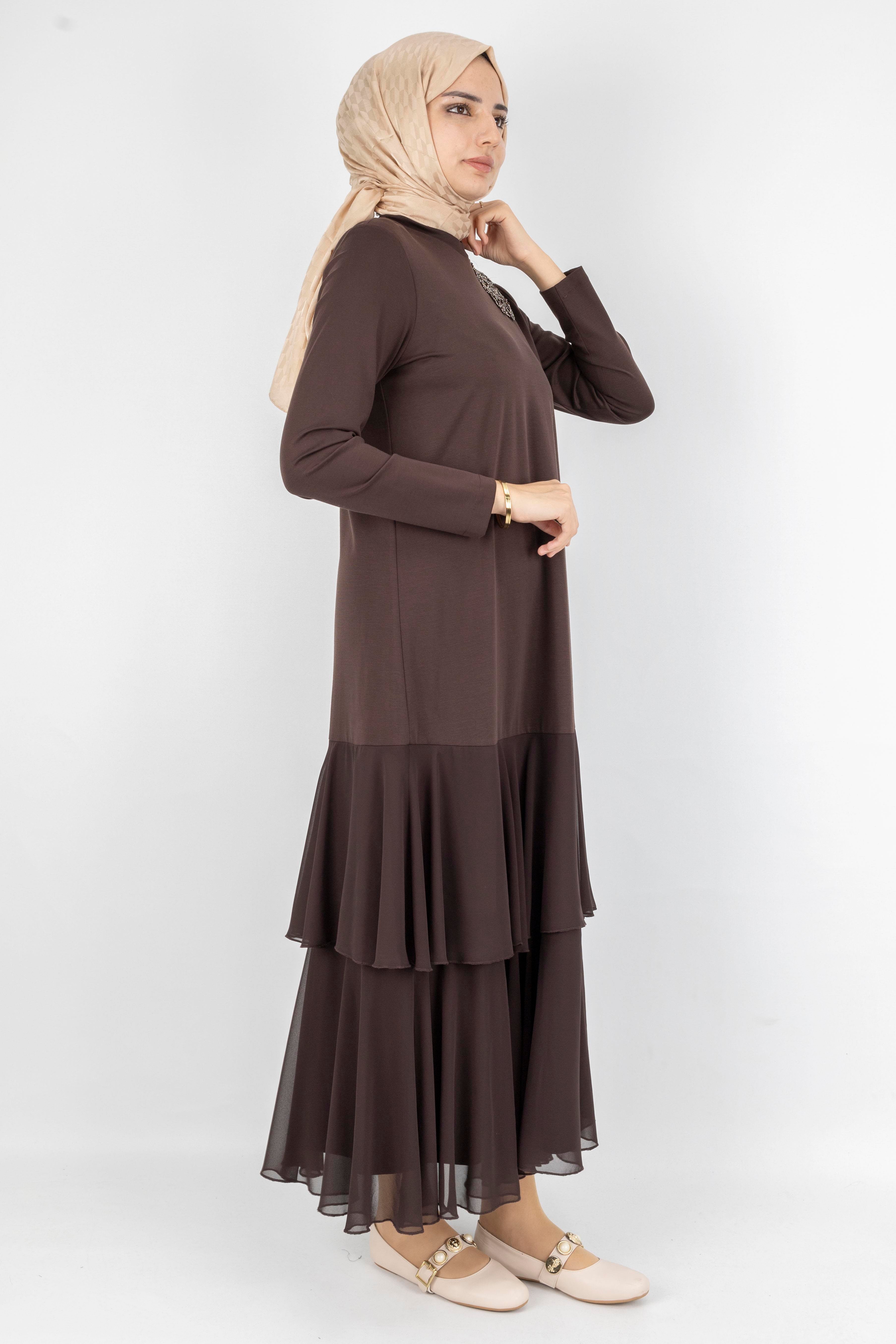 Şifon Katlı Omuz Taşlı Çelik Örme Uzun Elbise Kahve OTW25170